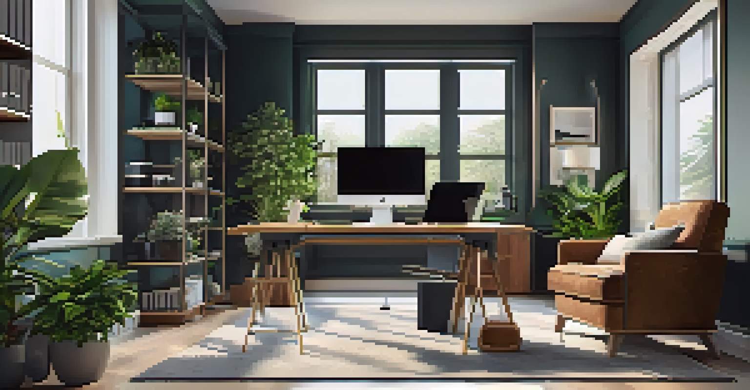A modern home office with ergonomic furniture and high-end tech gadgets lit by natural light.