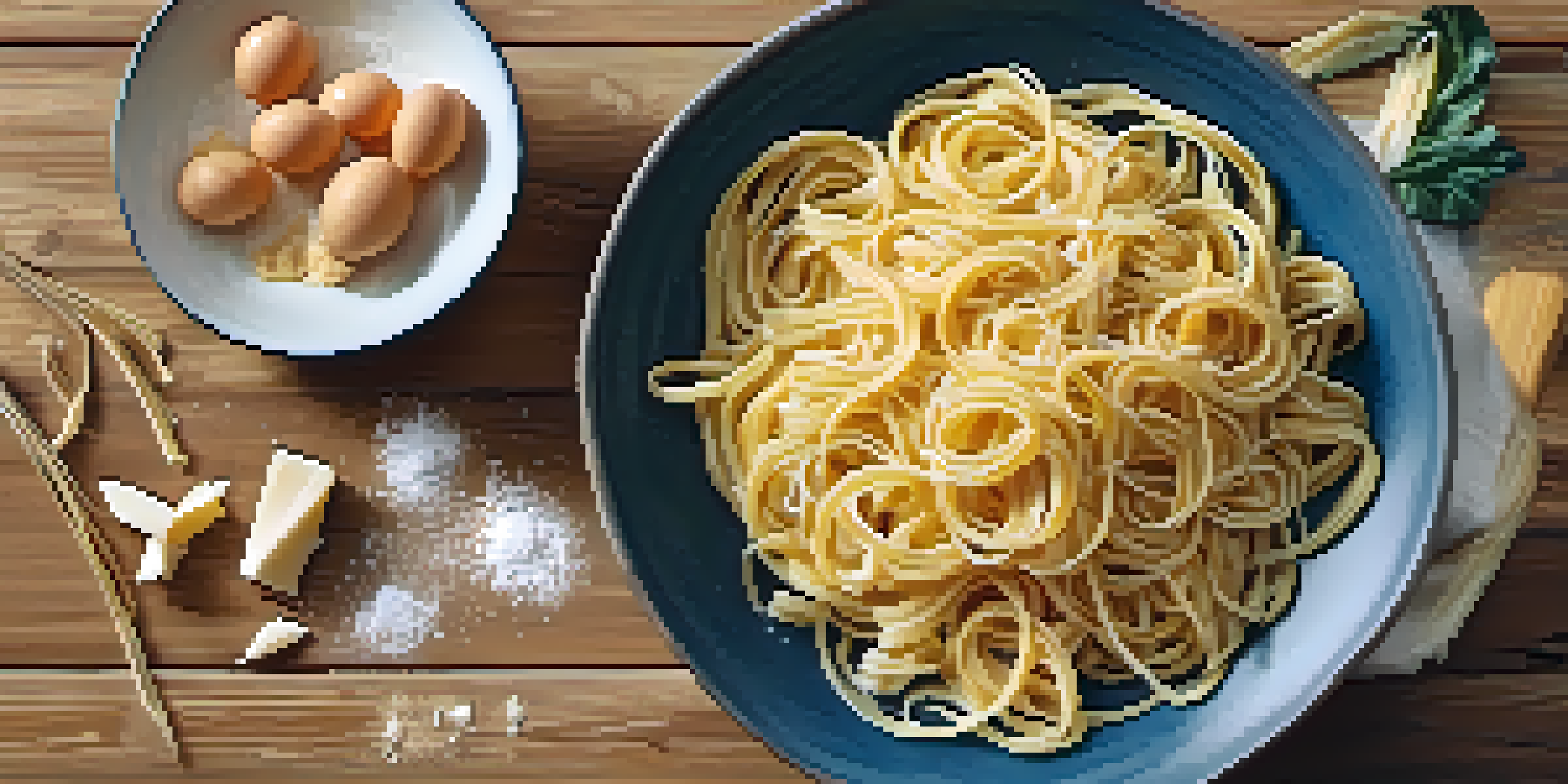 A close-up image of freshly made fettuccine pasta, surrounded by ingredients like a cracked egg and flour, with warm lighting highlighting the textures.