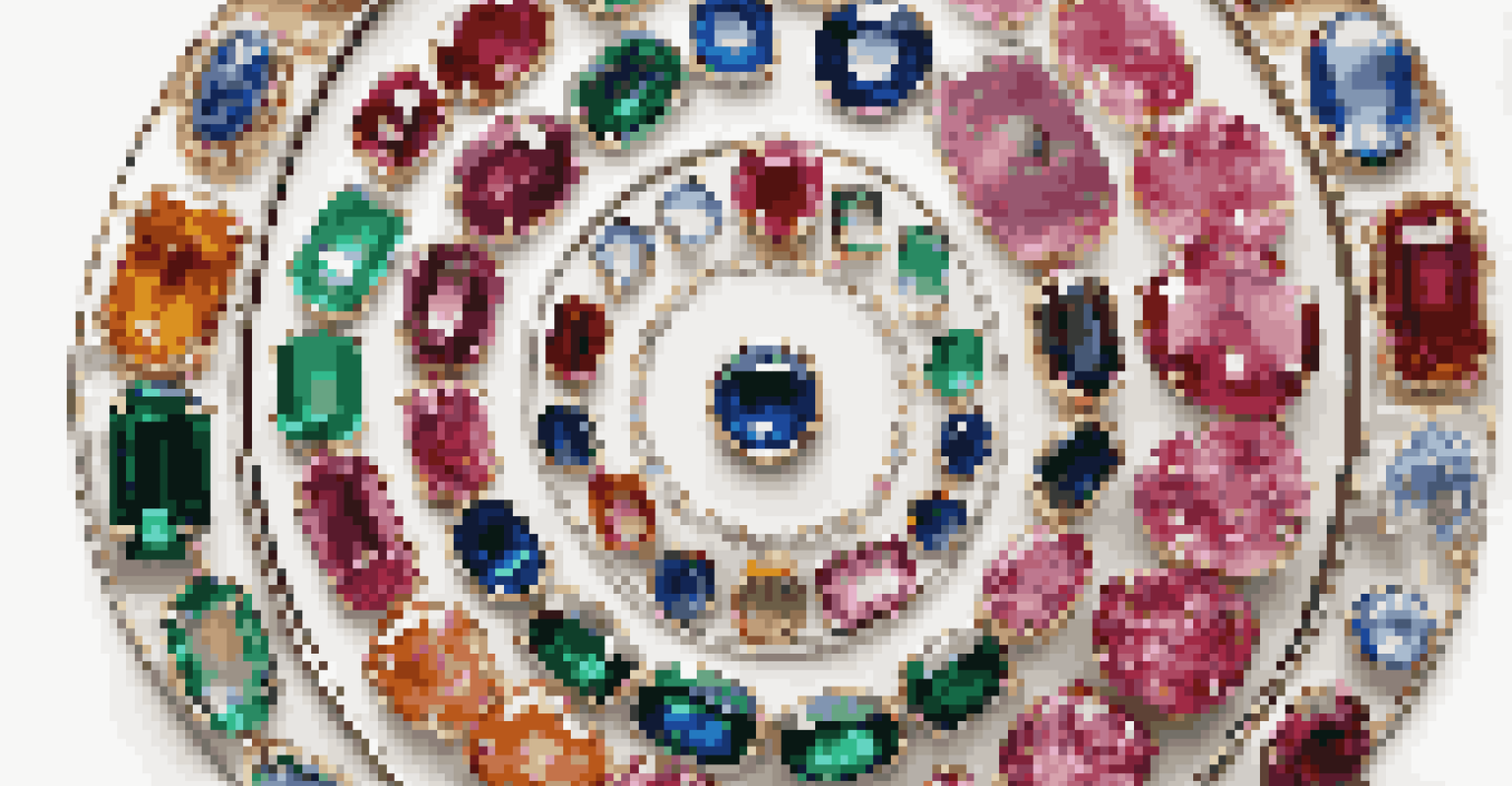 Vibrant display of ethically sourced gemstones arranged in a circular pattern on a white marble surface, illuminated by natural light.
