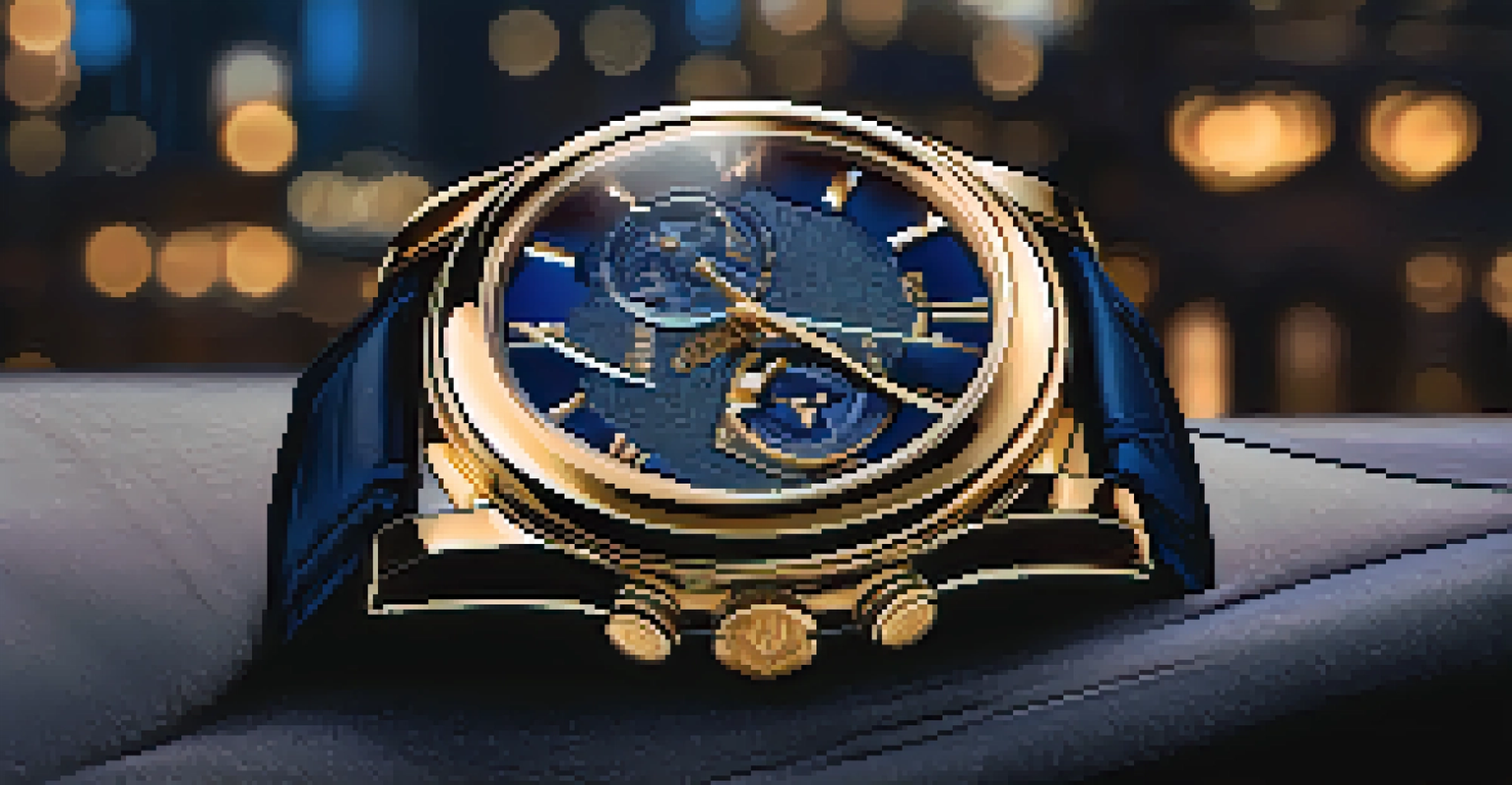 A luxurious watch displayed on velvet, with a blurred city skyline at dusk in the background, illuminated by warm lighting.