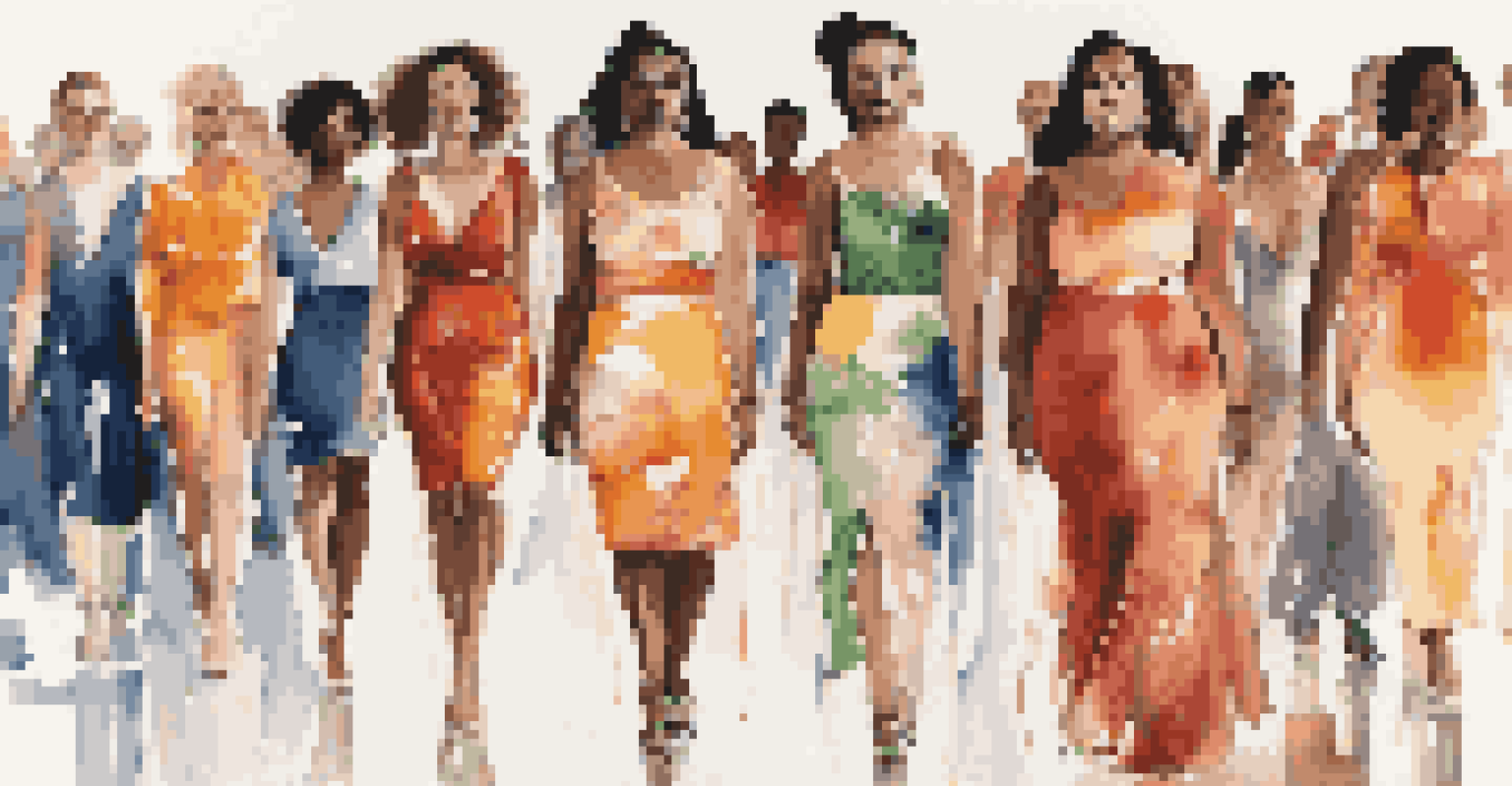 A diverse group of models on a runway displaying a mix of luxury and affordable fashion, with colorful lights and an abstract art backdrop.