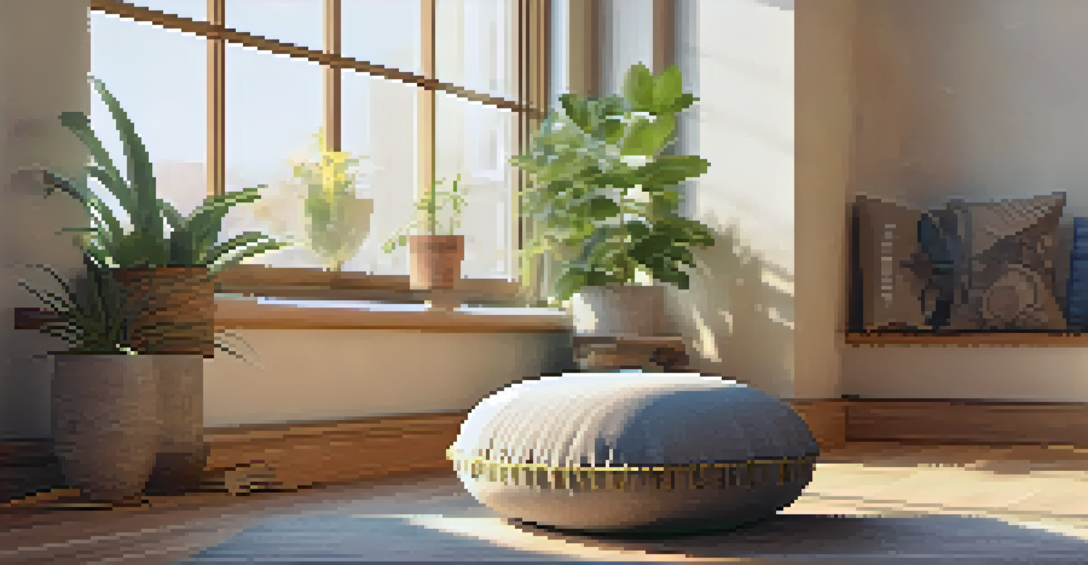 A meditation setup with a cushion on a wooden floor, sunlight streaming through a window, a journal, and a cup of tea.
