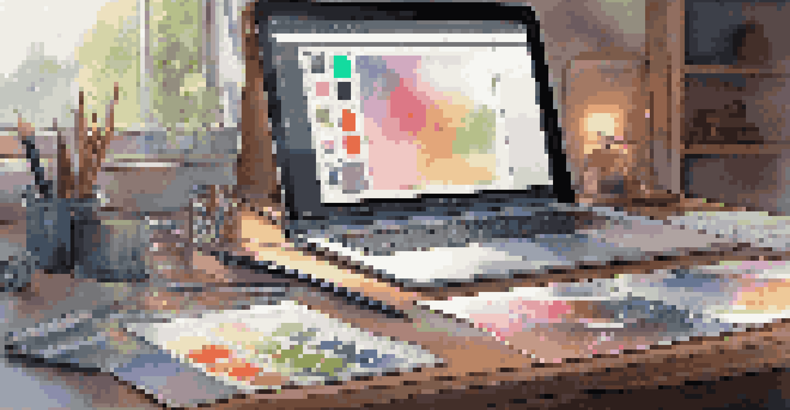 A close-up view of a digital artist's workspace featuring a graphic tablet, colorful paint swatches, and a glowing laptop screen with digital artwork, illuminated by natural light.