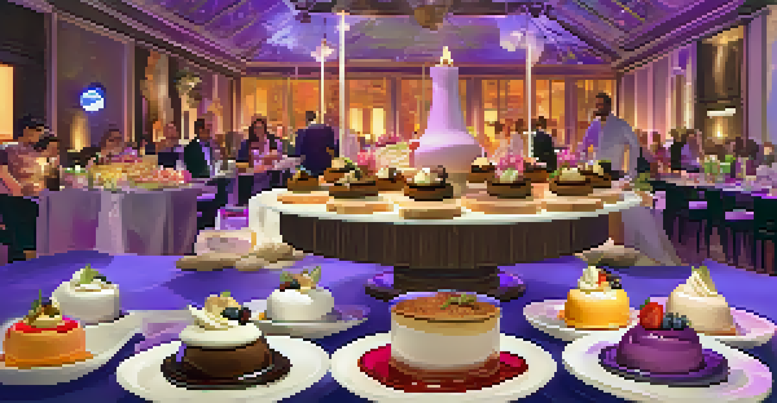 A dessert station with innovative treats like deconstructed s'mores and lavender panna cotta, with guests interacting.