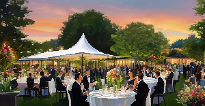 An outdoor luxury event in a botanical garden with elegantly set tables, guests in formal attire, and beautiful flowers.