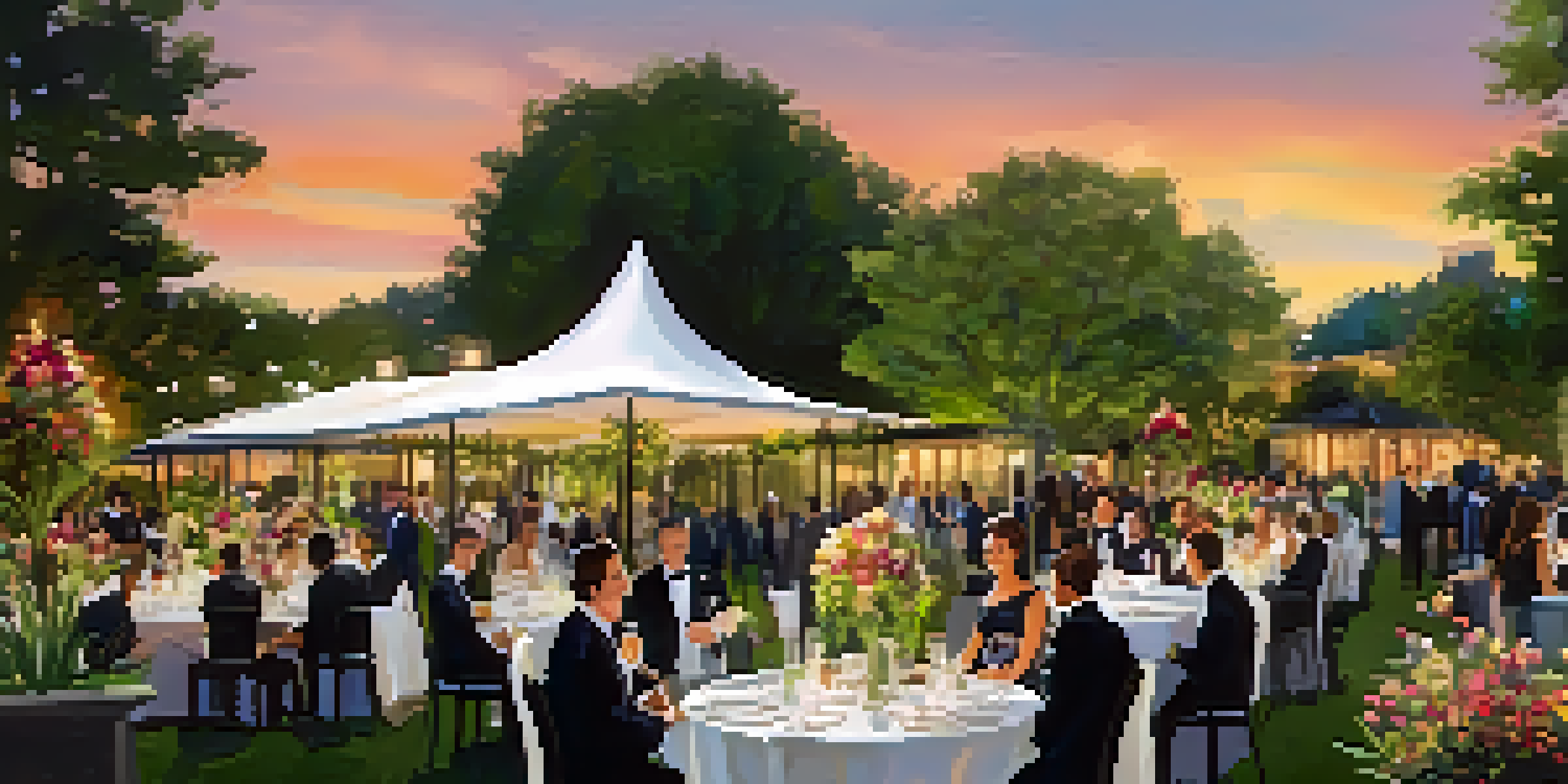 An outdoor luxury event in a botanical garden with elegantly set tables, guests in formal attire, and beautiful flowers.