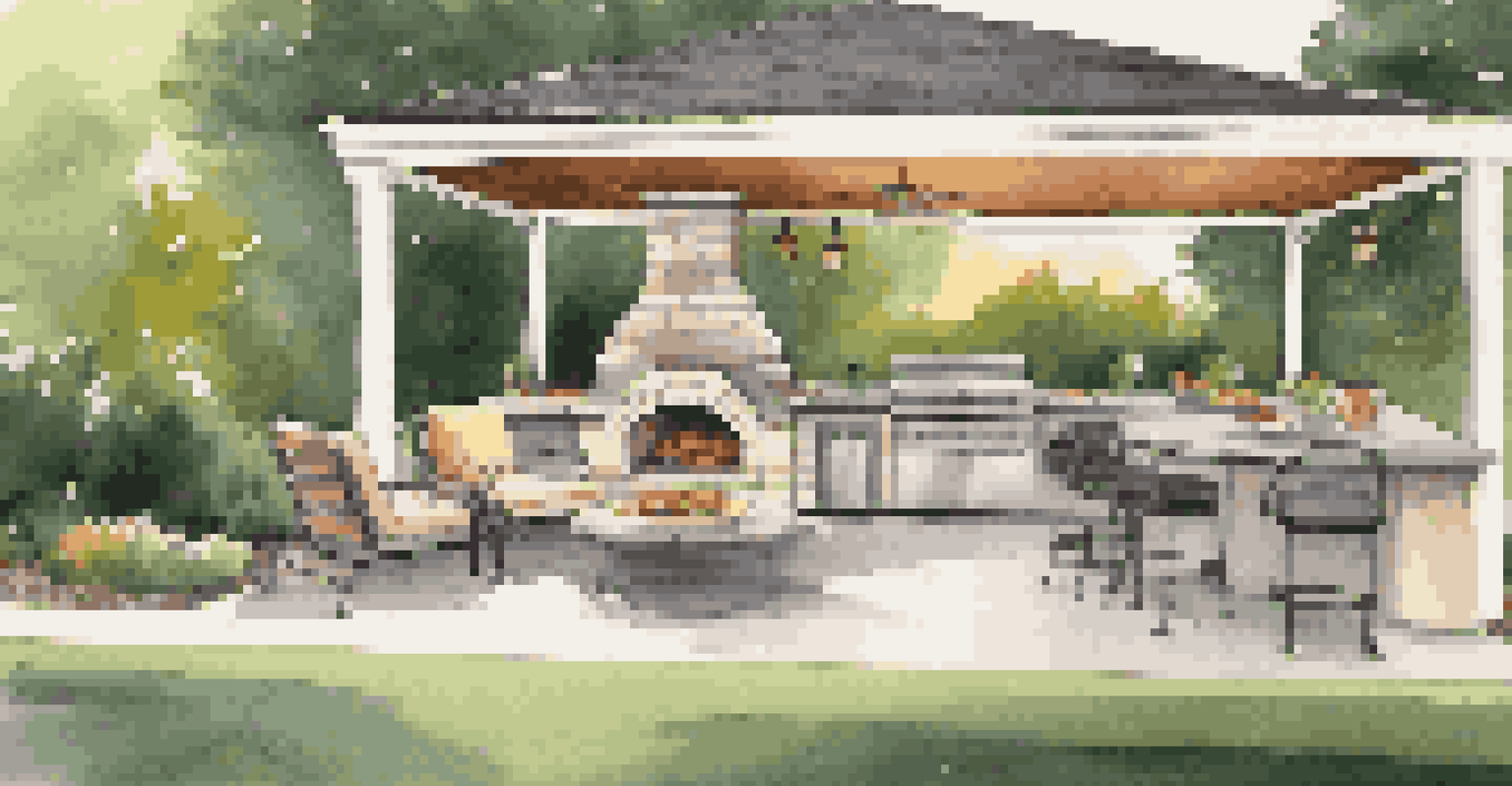 A stylish outdoor kitchen with a granite countertop and pizza oven, set in a manicured backyard during sunset.