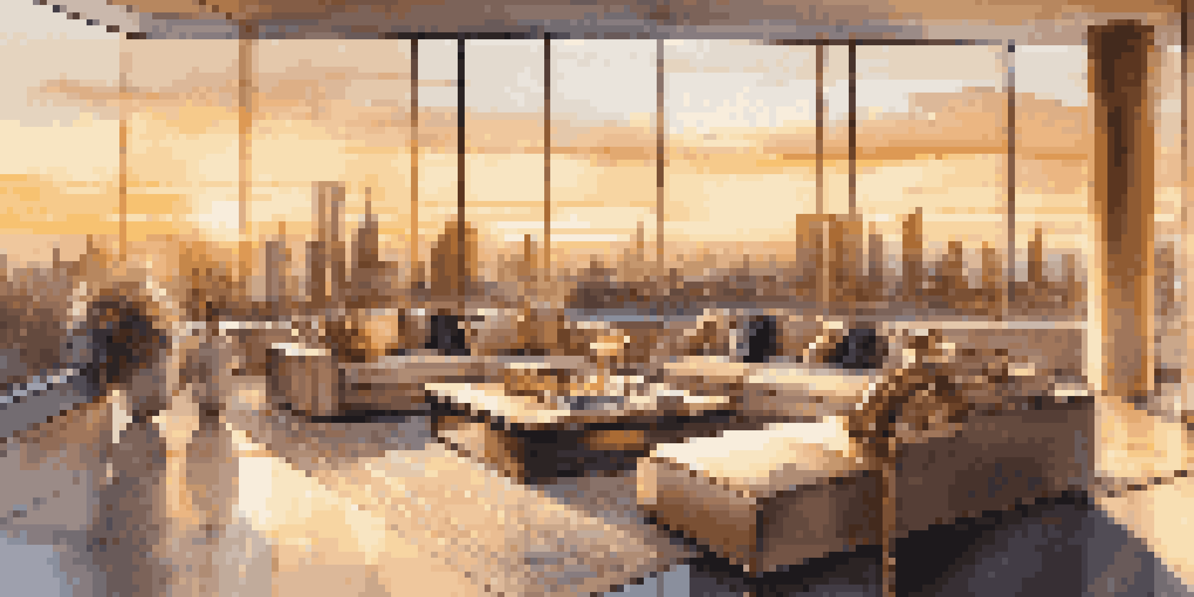 A modern penthouse with large windows overlooking a city skyline at sunset, featuring luxurious furnishings and an infinity pool on the terrace.