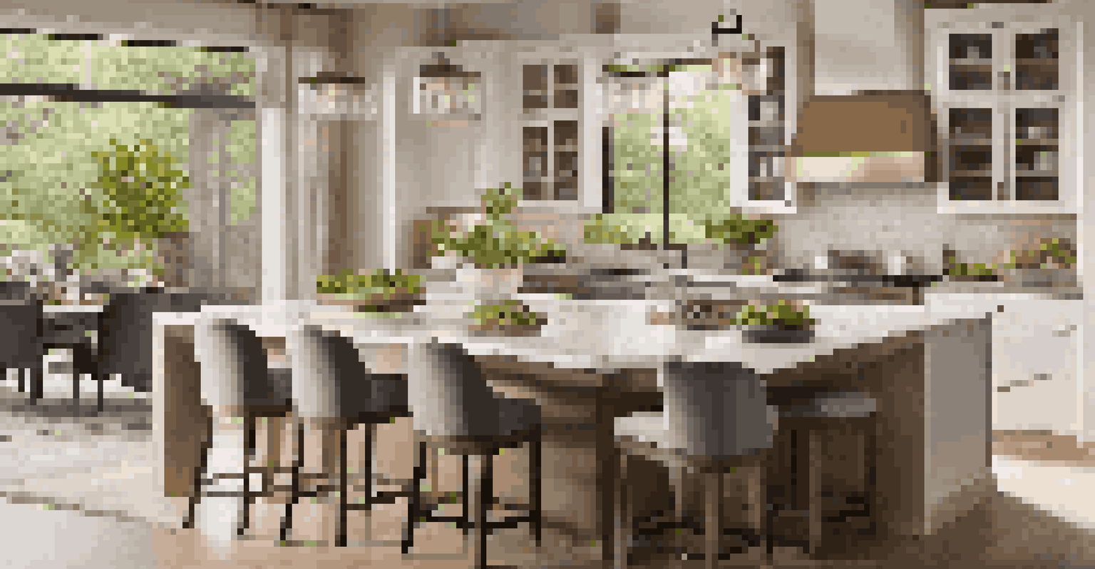 A sophisticated kitchen with natural light, sustainable materials, and a view of an outdoor garden.
