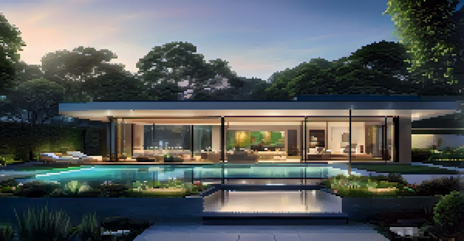 A twilight view of a luxurious smart home with glowing lights and elegant landscaping, highlighting modern architecture.