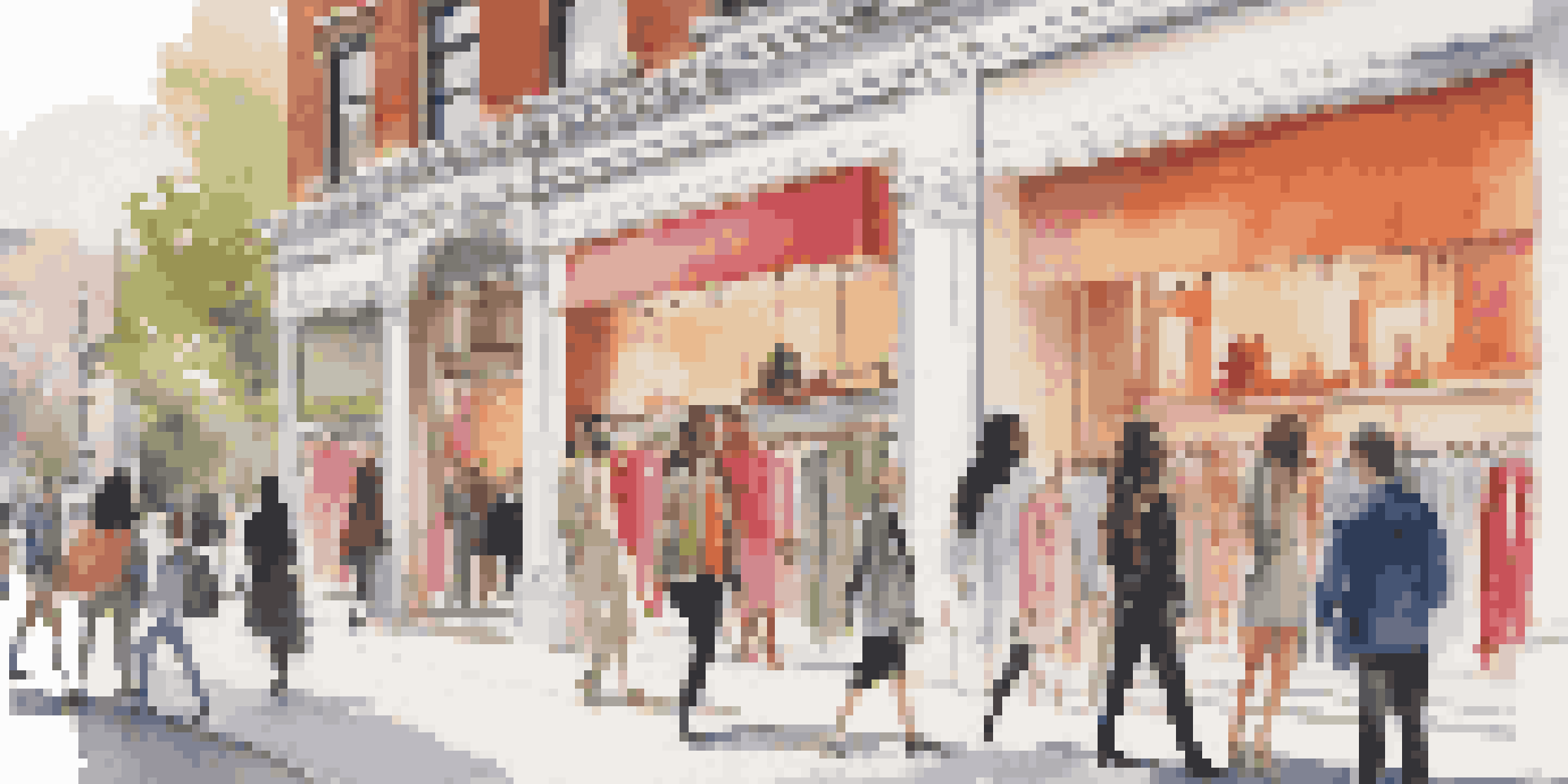 A lively street scene with a luxury fashion pop-up shop featuring diverse people interacting and colorful clothing displays.