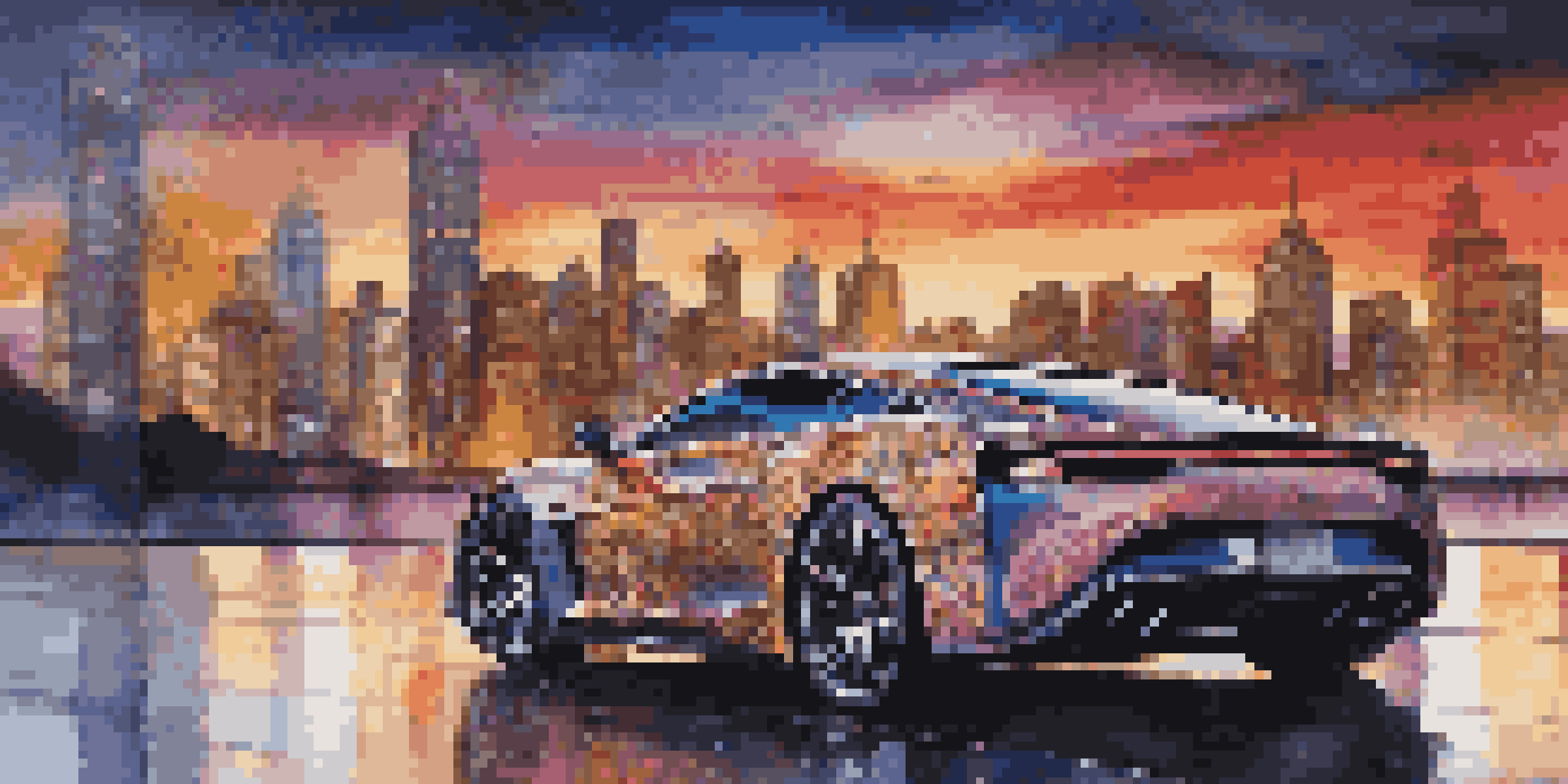 A vibrant sports car with abstract patterns, positioned on a reflective surface, illuminated by dramatic lighting with a city skyline in the background.