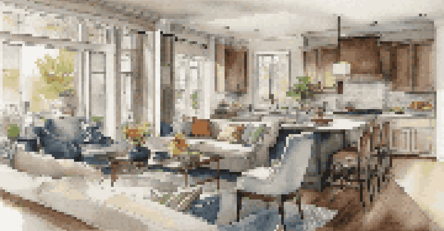 An open-concept living area with a modern kitchen, dining space, and living room filled with natural light and elegant furnishings.