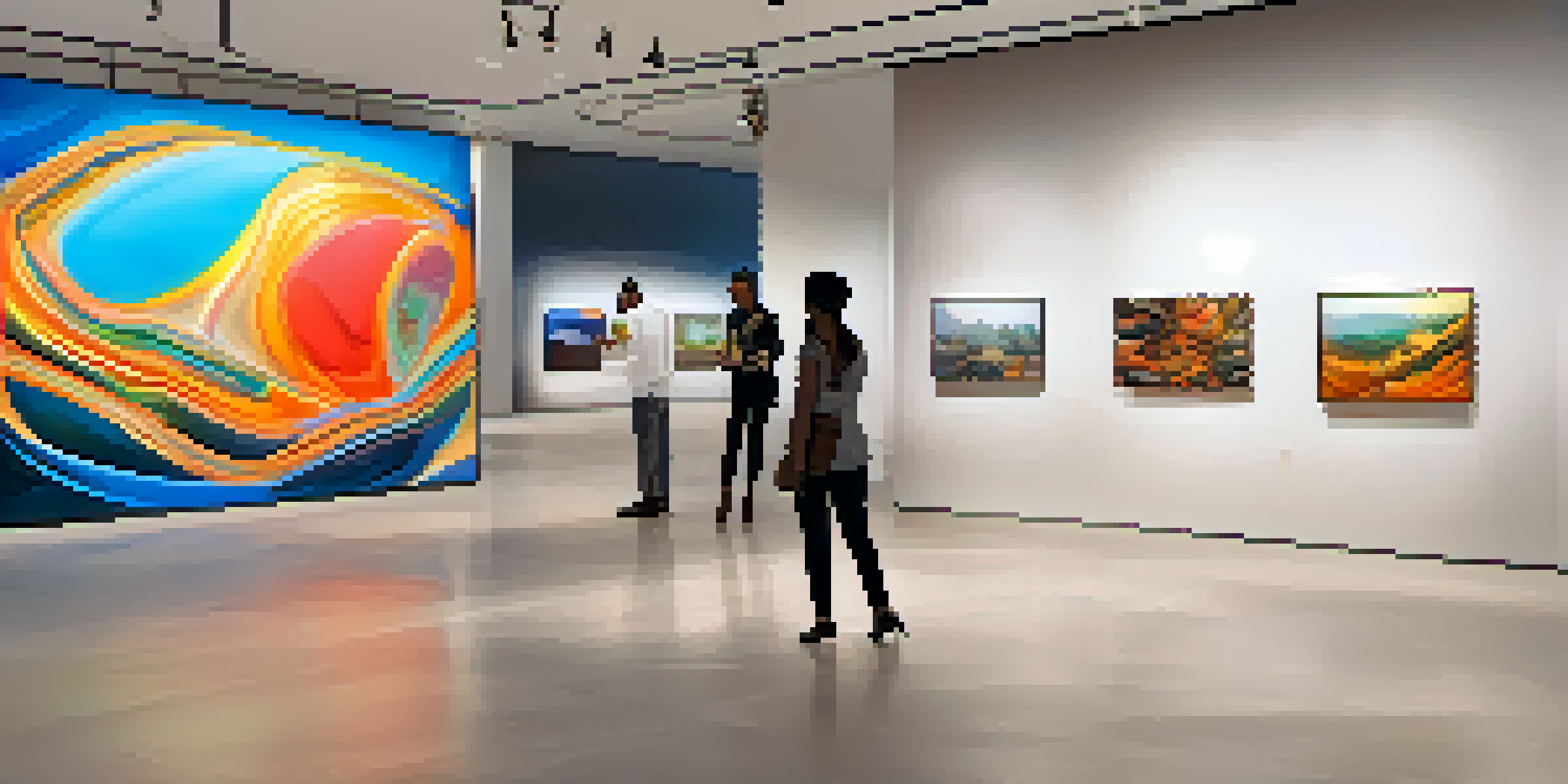 A modern virtual gallery filled with diverse collectors discussing vibrant digital artworks under soft ambient lighting.