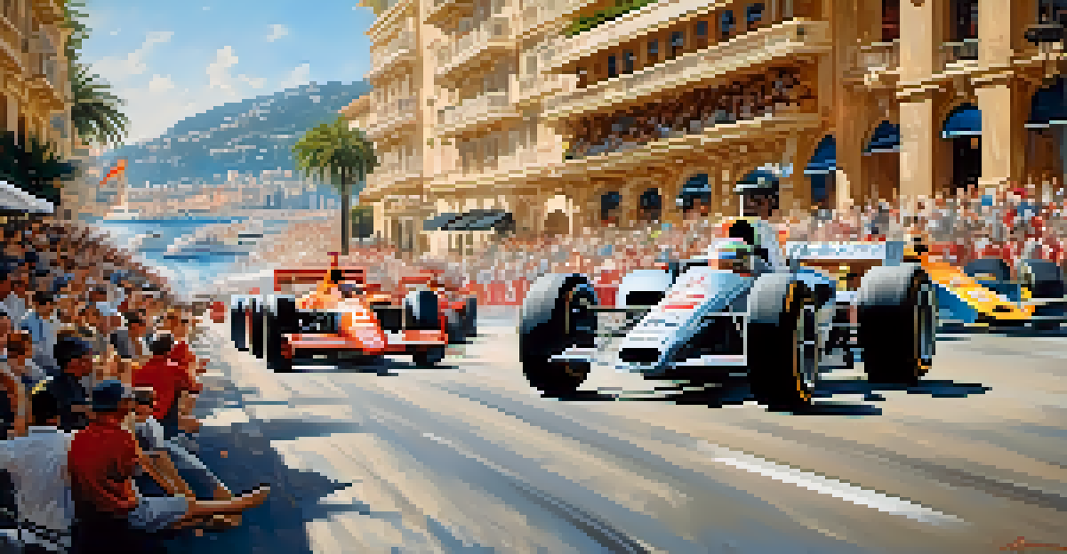 Formula 1 cars racing in Monaco with the Mediterranean Sea and luxury yachts in the background.