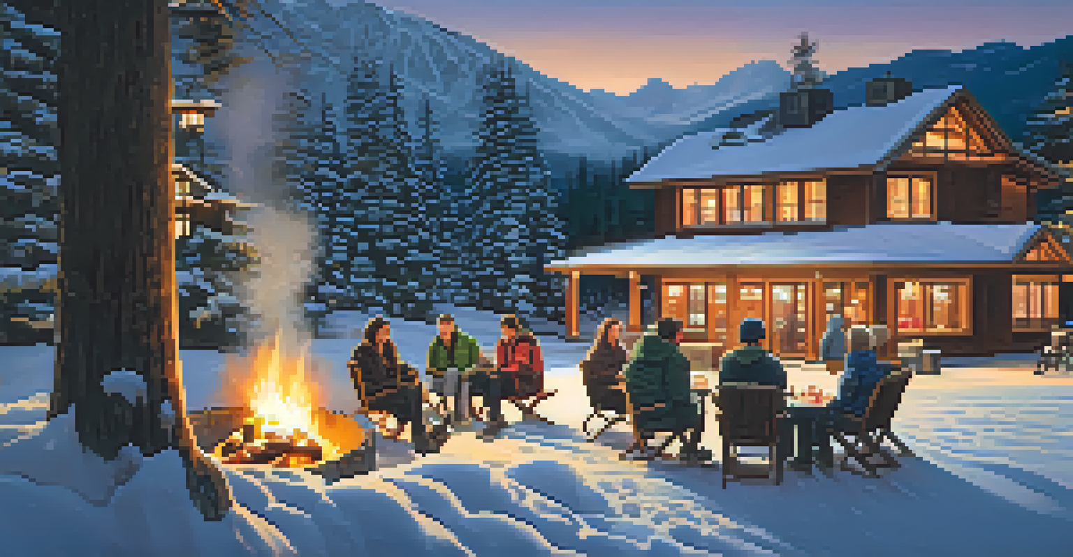 A cozy group of friends enjoying hot cocoa by a fire pit in a snowy village setting.