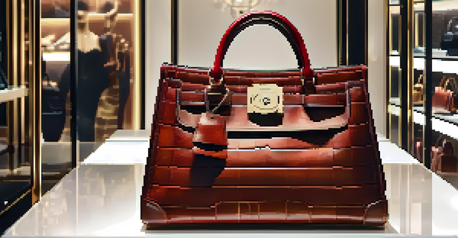 A close-up of a hand holding a designer handbag in a luxury boutique, emphasizing quality and smart purchasing decisions.
