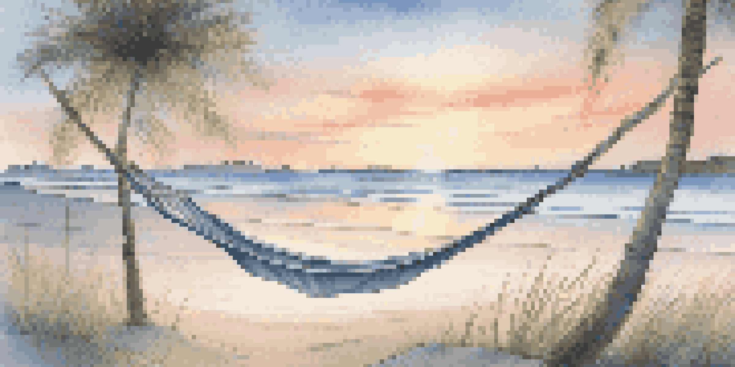 A tranquil beach scene at sunrise with a hammock between palm trees and gentle waves on the shore.