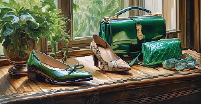 A rustic wooden table showcasing vintage luxury fashion items like a handbag, shoes, and a scarf, illuminated by soft natural light with green plants in the background.