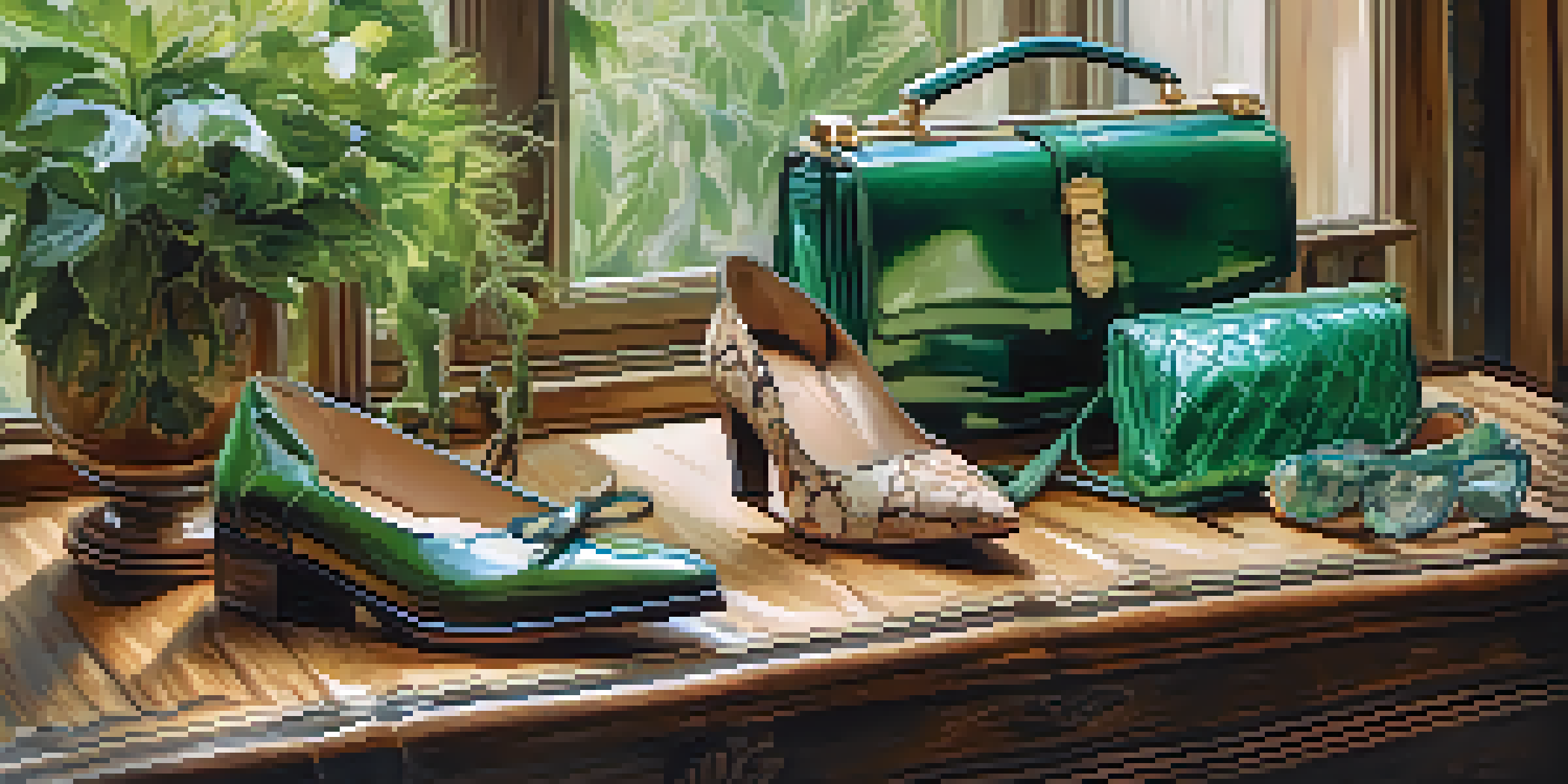 A rustic wooden table showcasing vintage luxury fashion items like a handbag, shoes, and a scarf, illuminated by soft natural light with green plants in the background.