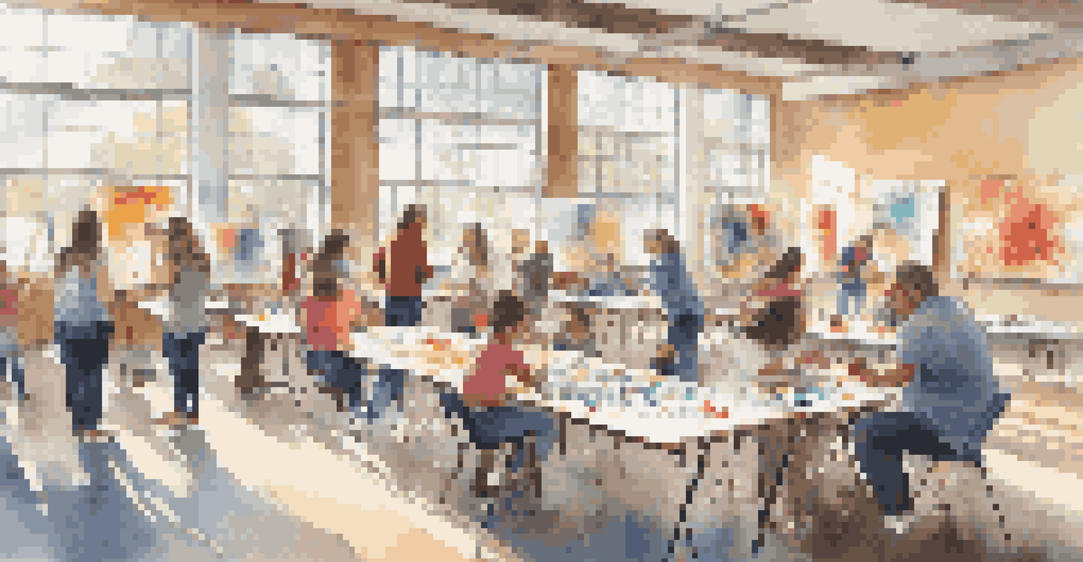 A diverse group of people of various ages painting on large canvases together in a bright community center, filled with colorful art supplies and natural light.