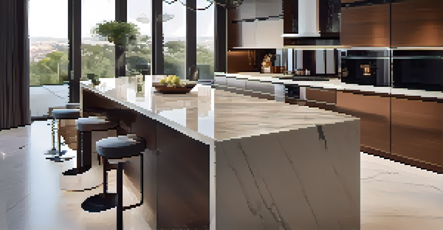 A stylish kitchen island with a marble surface, featuring a smart countertop and charging station, illuminated by soft ambient lighting.