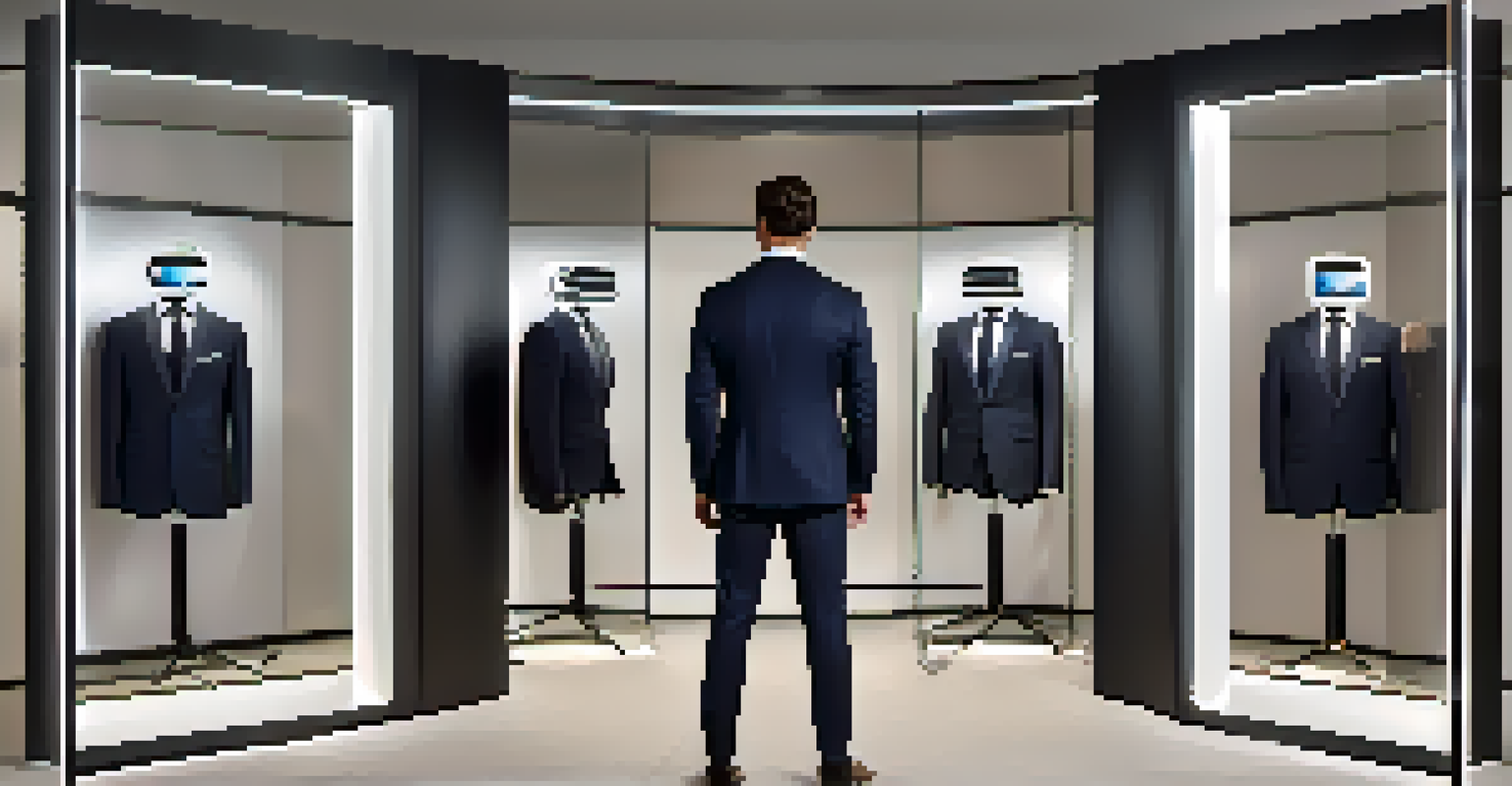 A man using augmented reality to try on a tailored suit in a modern fitting room.