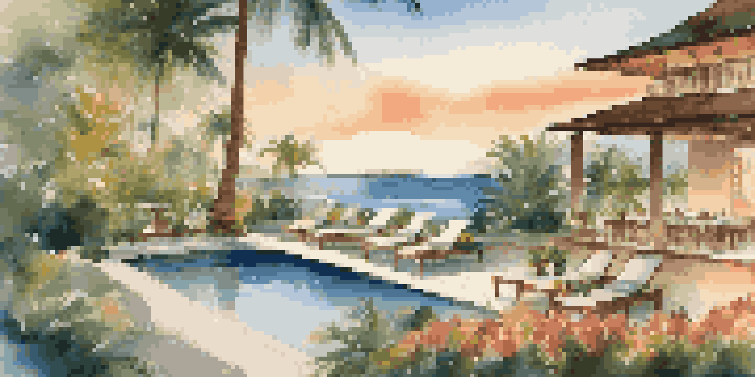 A luxury resort featuring an infinity pool at sunset and guests engaging in a local cooking class amidst a tropical landscape.