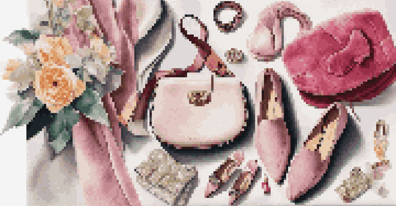 High-end fashion items displayed in a stylish flat lay with flowers and a magazine.