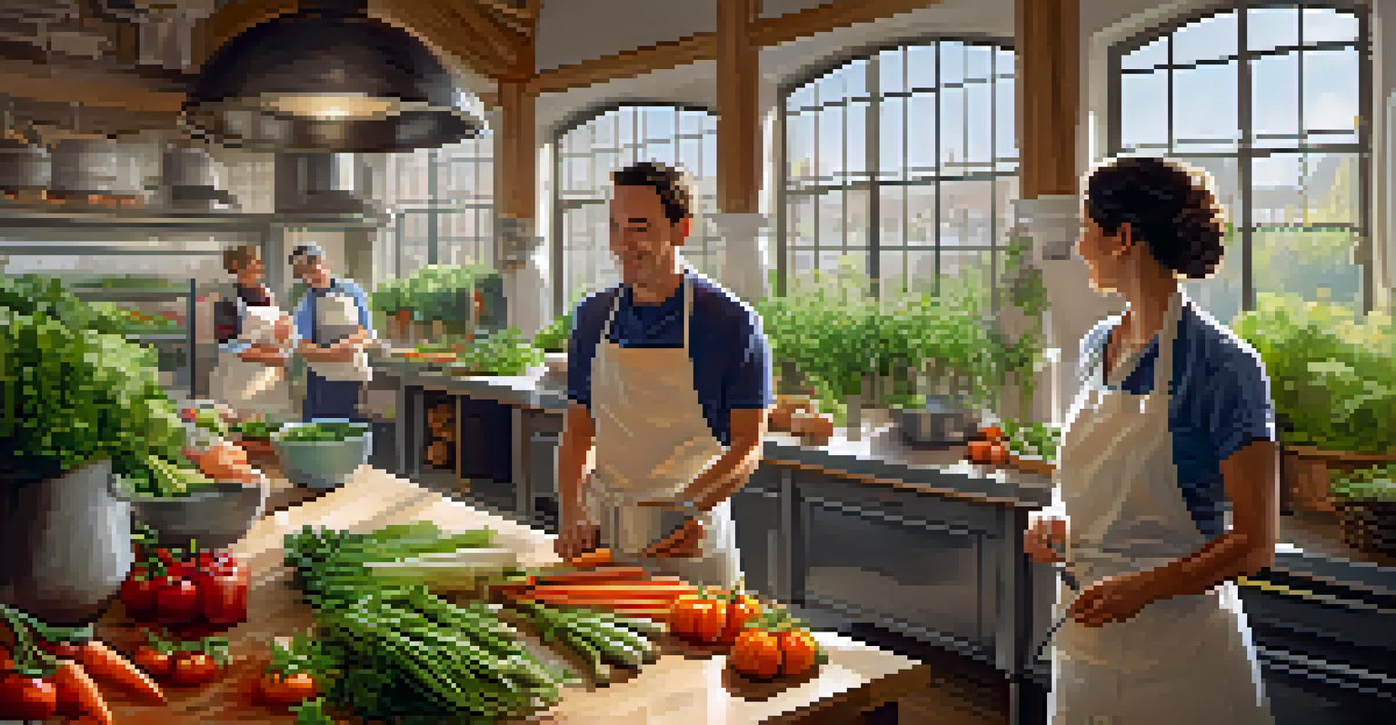 A chef leading a culinary workshop with participants watching and colorful vegetables around.