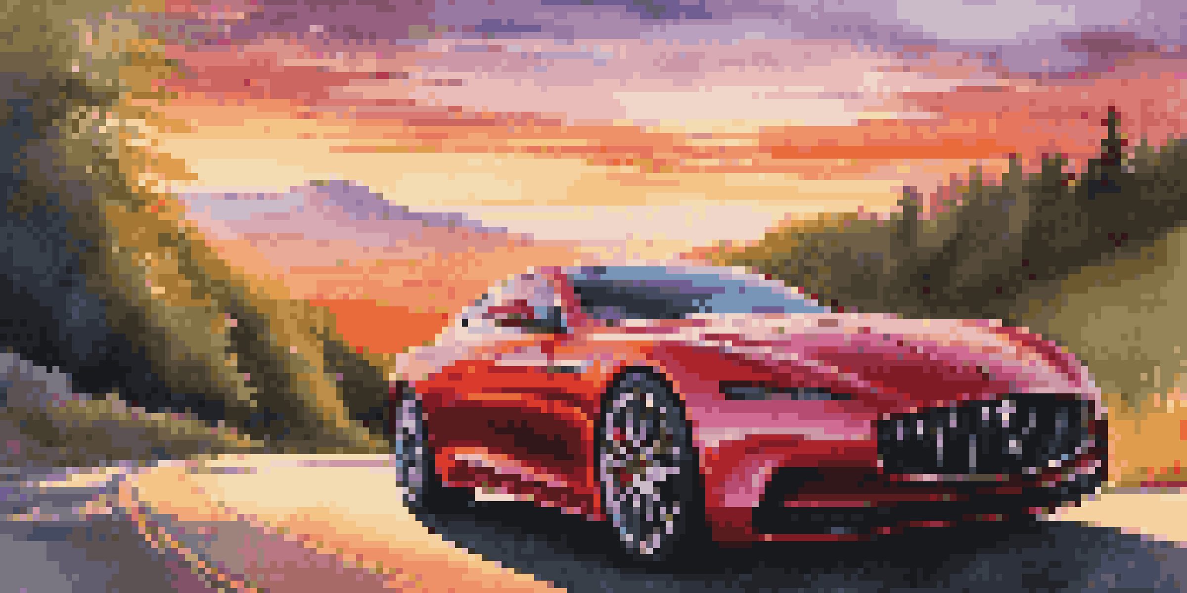 A red luxury sports car parked on a mountain road during sunset, surrounded by green trees and mountains.
