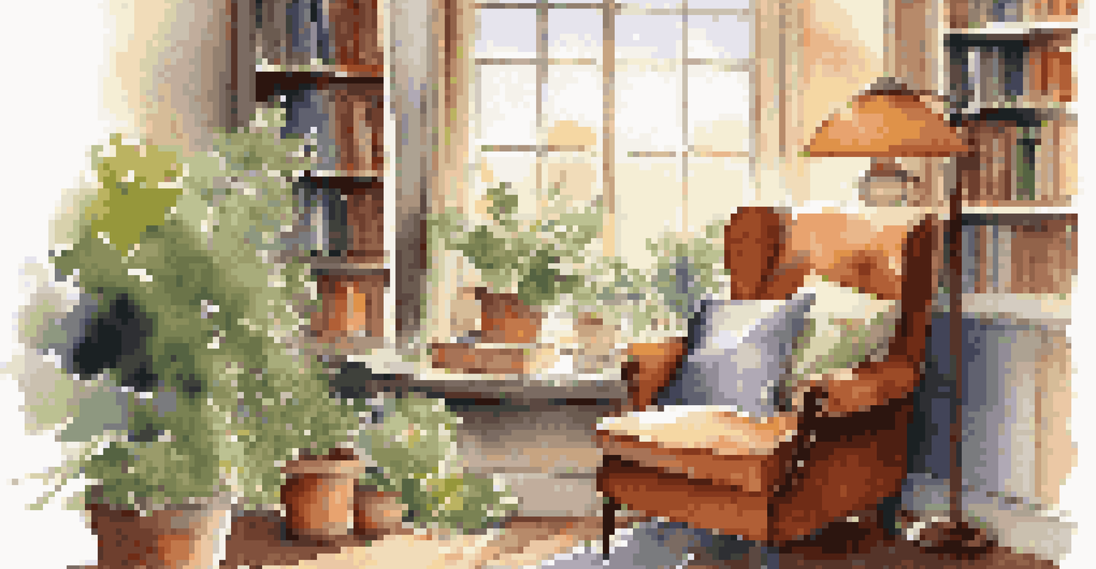 A serene reading nook by a window with an armchair, colorful blanket, bookshelf, and a potted plant, bathed in warm light.