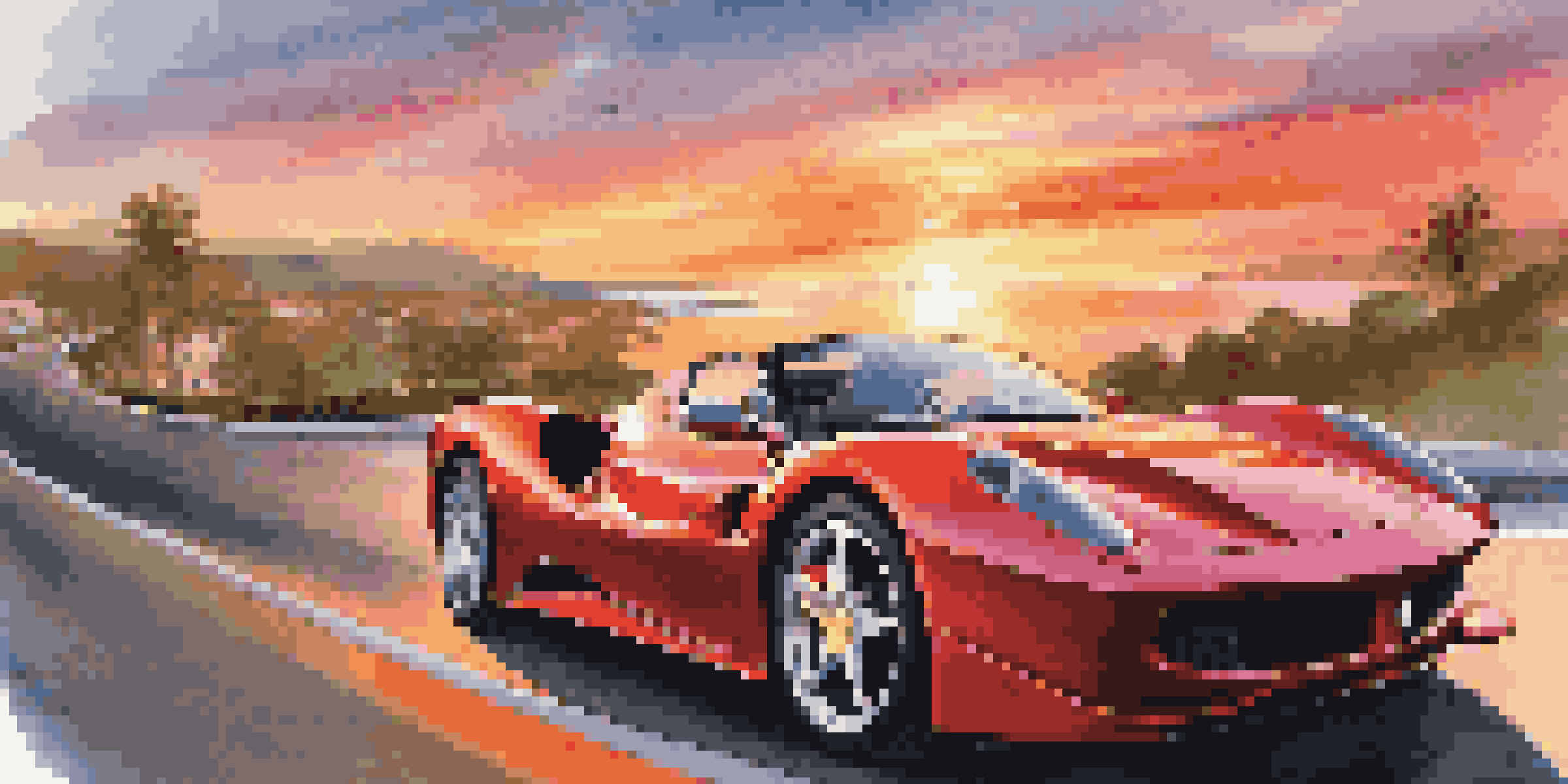 A red Ferrari 499P driving along a beautiful coastline during sunset, surrounded by ocean and greenery.