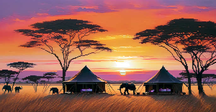 A luxurious safari tent in the African landscape during sunset, with elegant decor and elephants in the background.