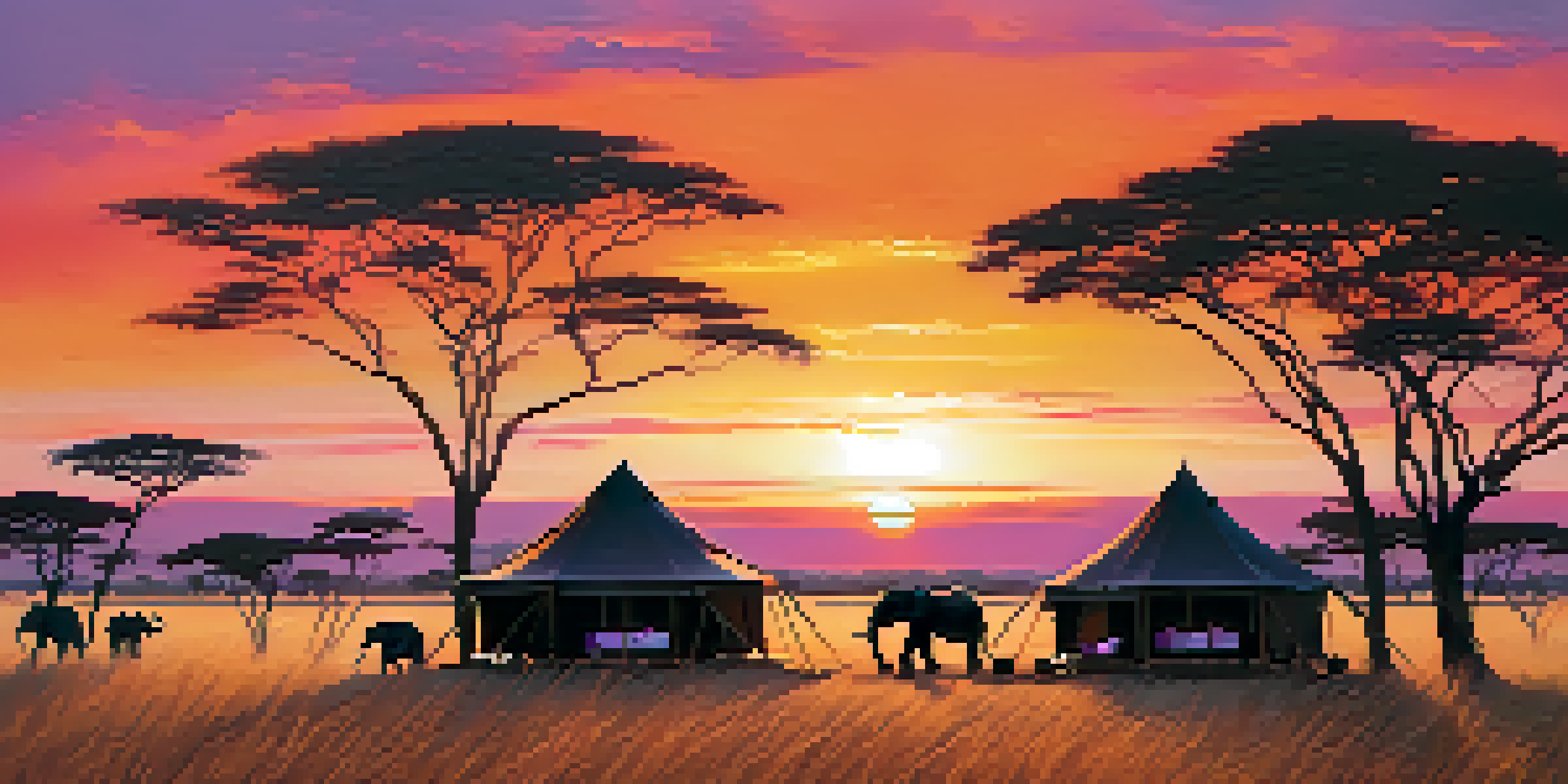 A luxurious safari tent in the African landscape during sunset, with elegant decor and elephants in the background.