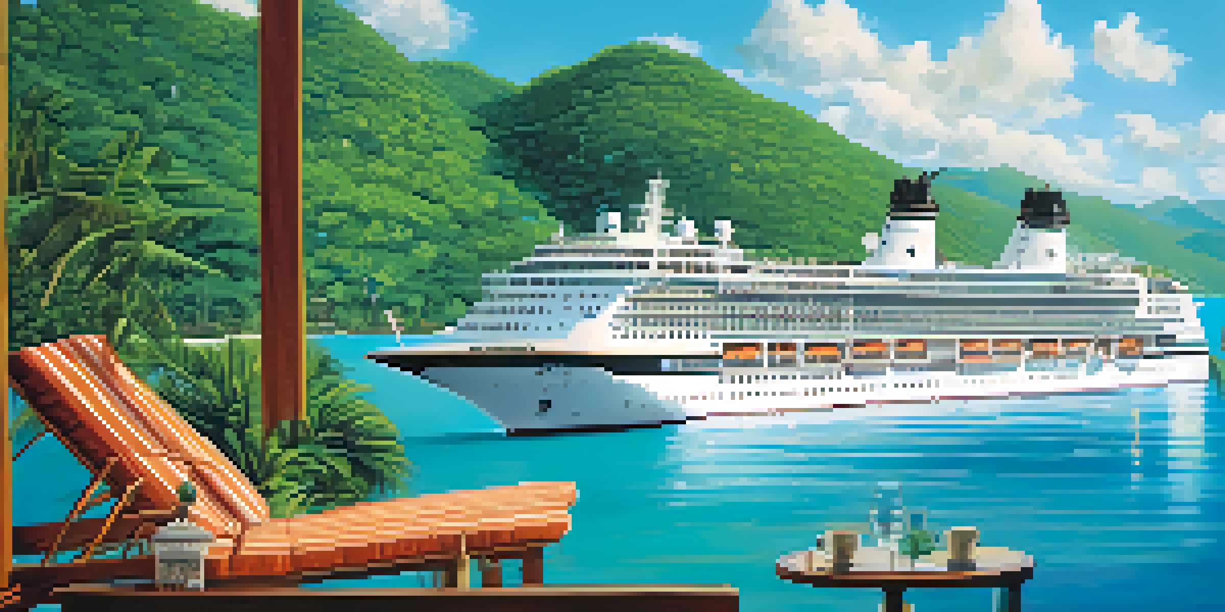 A luxury cruise ship on calm waters, surrounded by green islands and a blue sky, with guests lounging on deck.