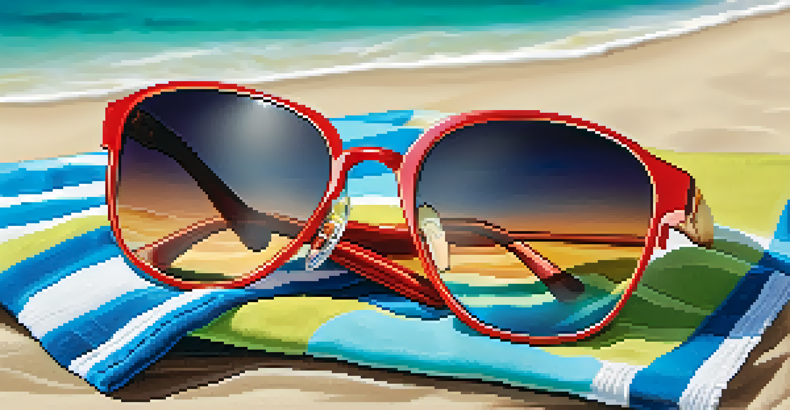 Stylish oversized statement sunglasses on a colorful beach towel with the ocean in the background, reflecting sunlight.
