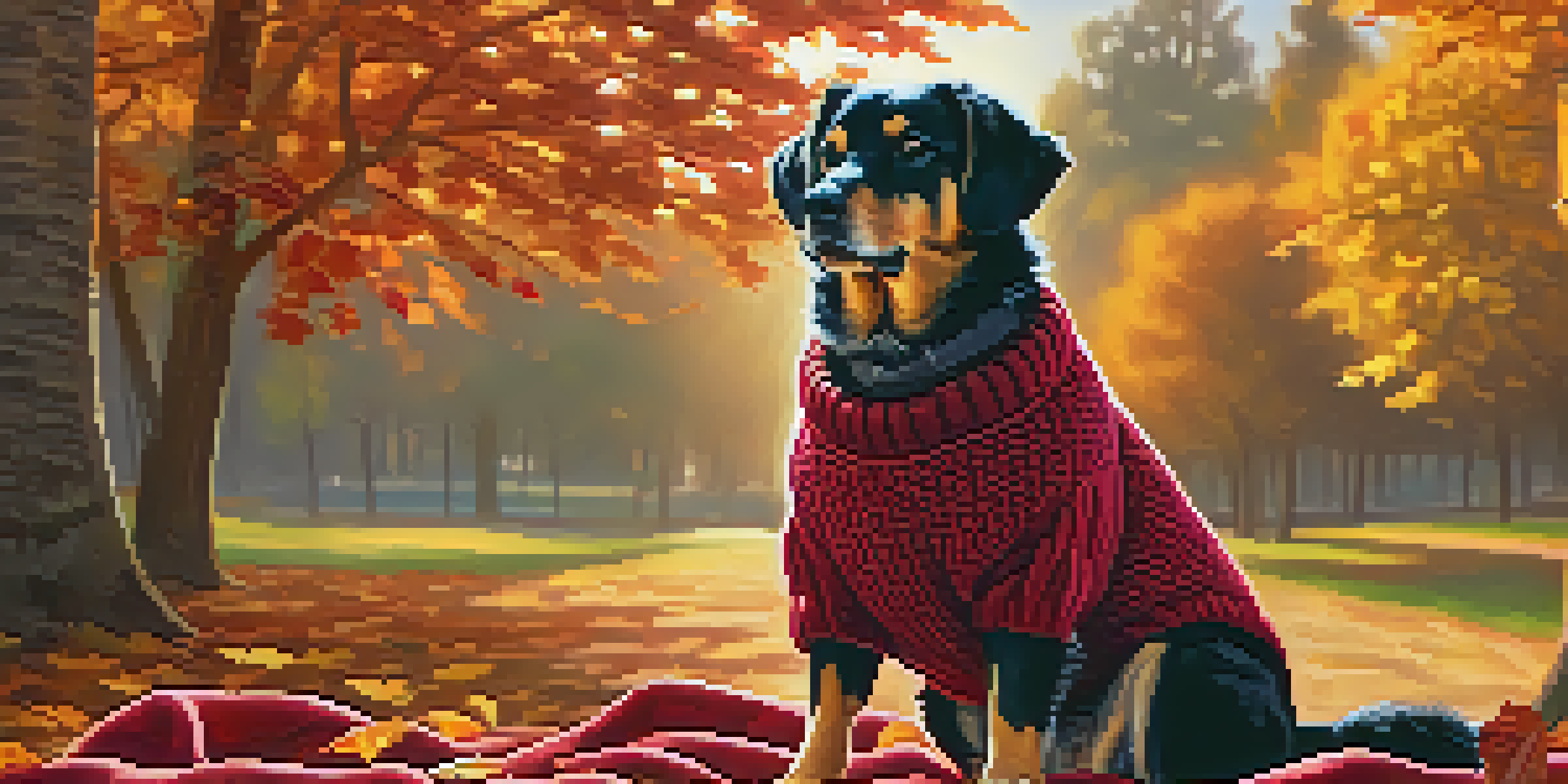 A dog in a burgundy sweater and booties sitting on a blanket with fall leaves around, illuminated by soft sunlight.