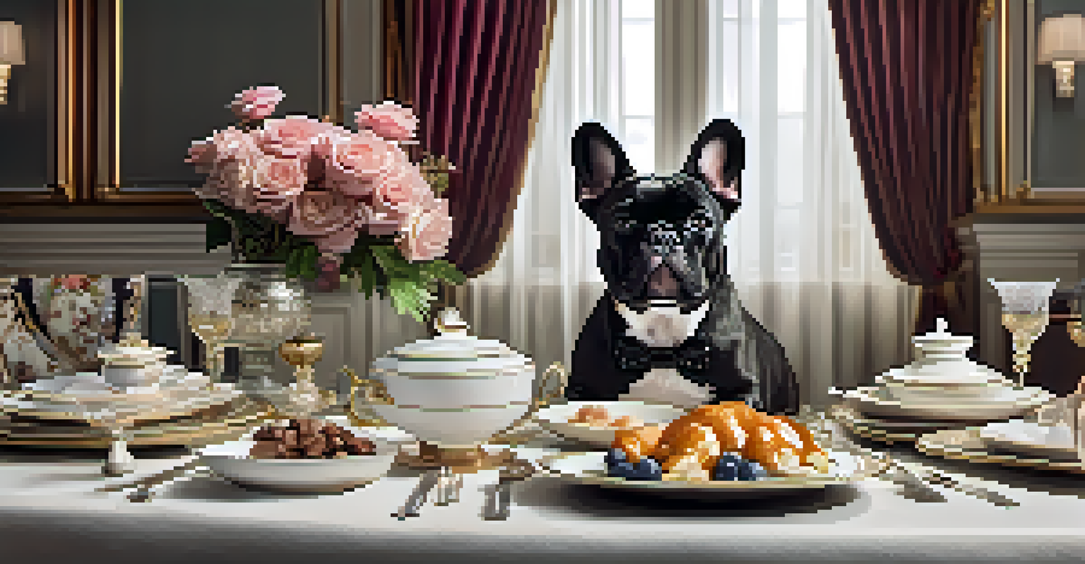 A French bulldog wearing a designer outfit at a lavish dining table with gourmet pet meals and stylish kitchen decor.