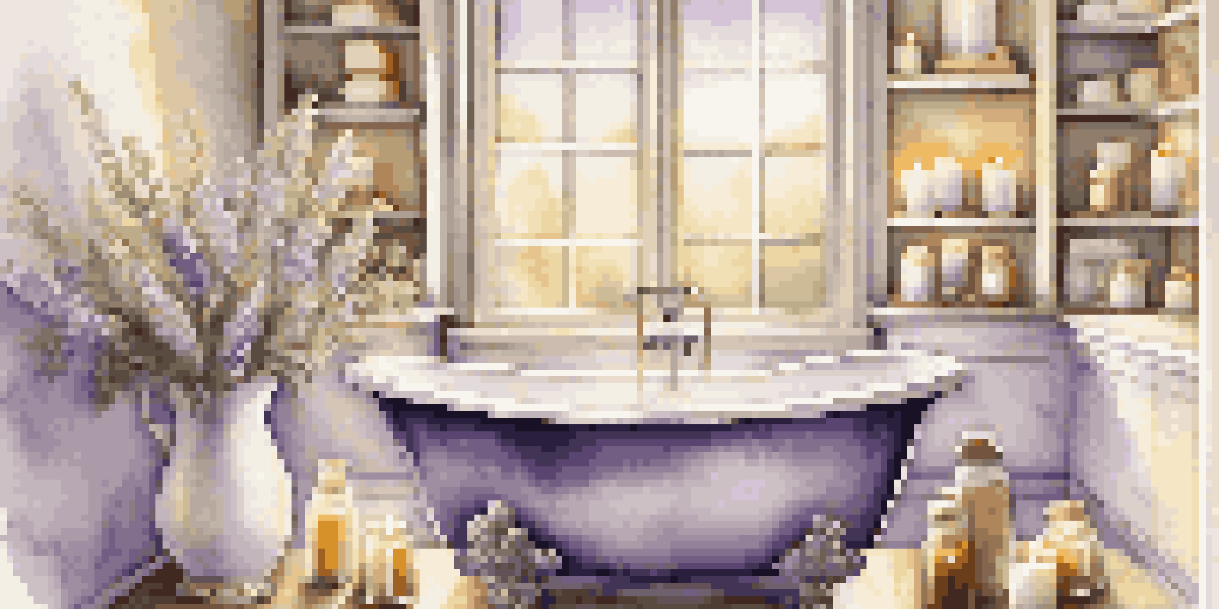 A peaceful bathroom with a milk bath, surrounded by candles and lavender, illuminated by soft natural light.