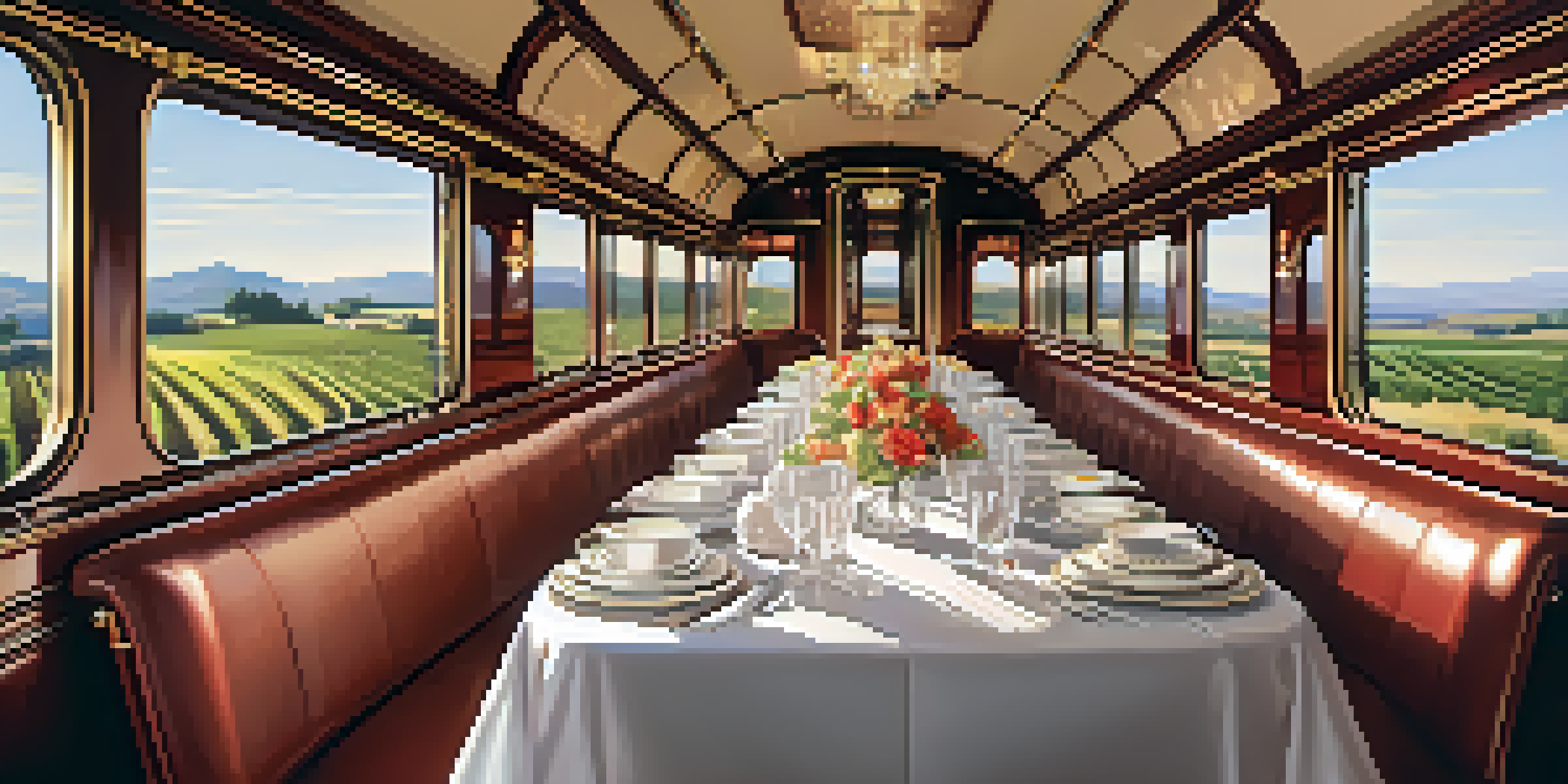 A vintage train dining car with fine dining setup and panoramic windows showing rolling hills and vineyards.