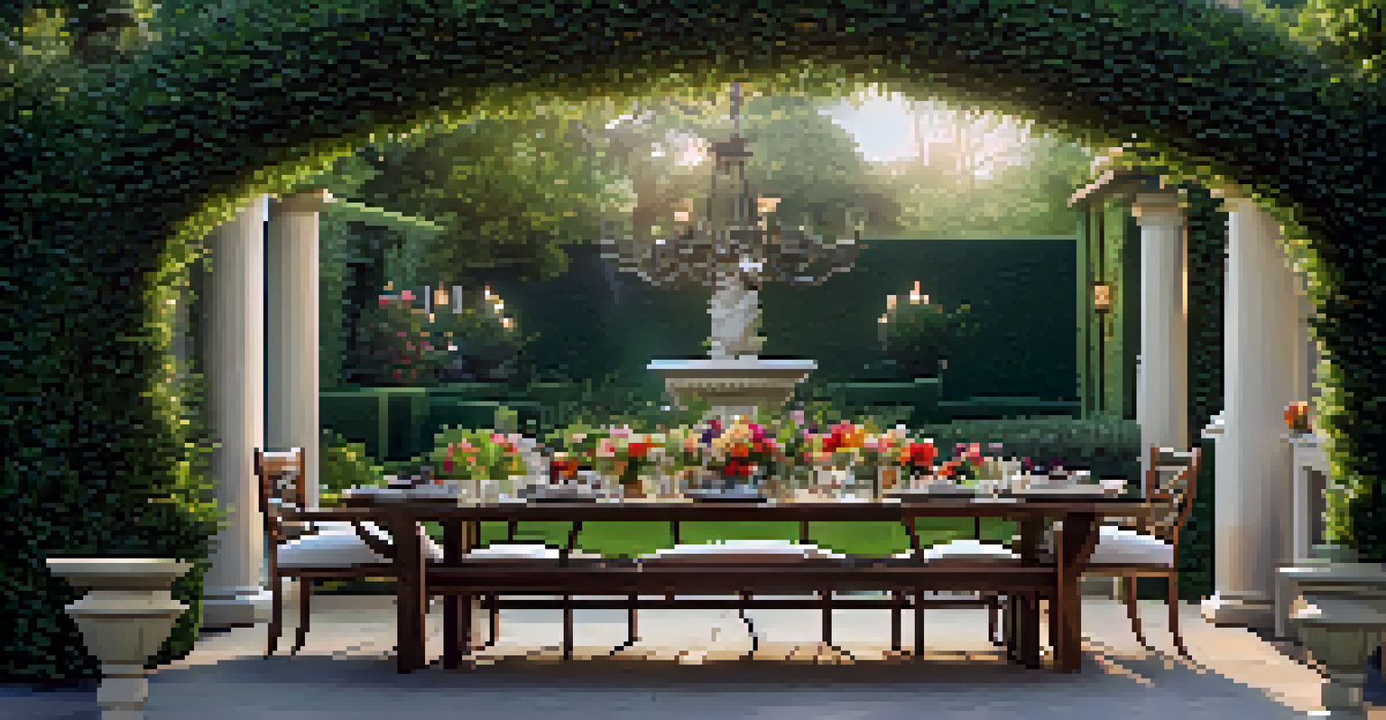 An elegant outdoor dining area in a lush garden with a table set for dining, surrounded by hedges and colorful flowers.
