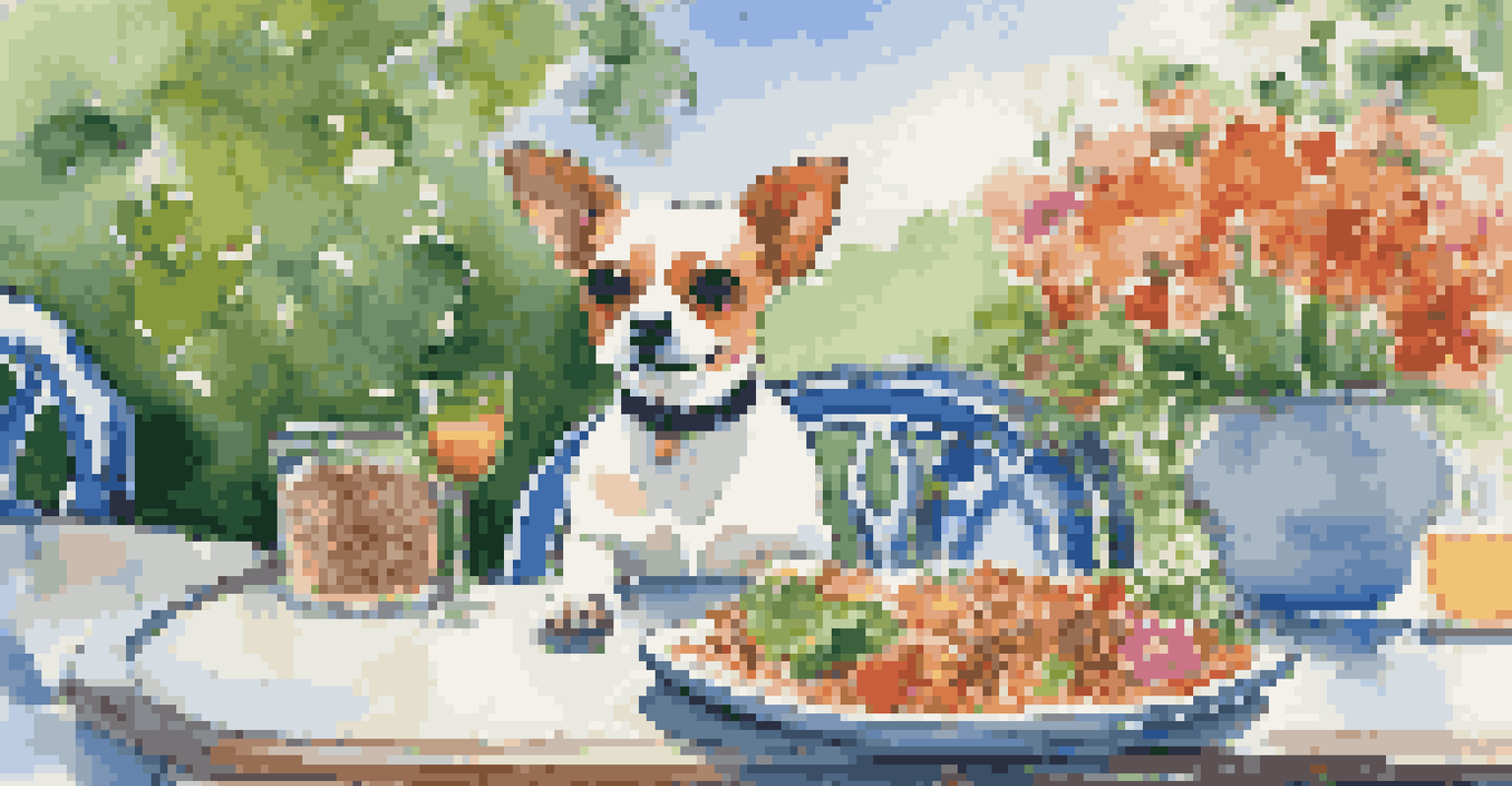 A cheerful small dog dining on gourmet food outside on a patio surrounded by flowers and greenery.