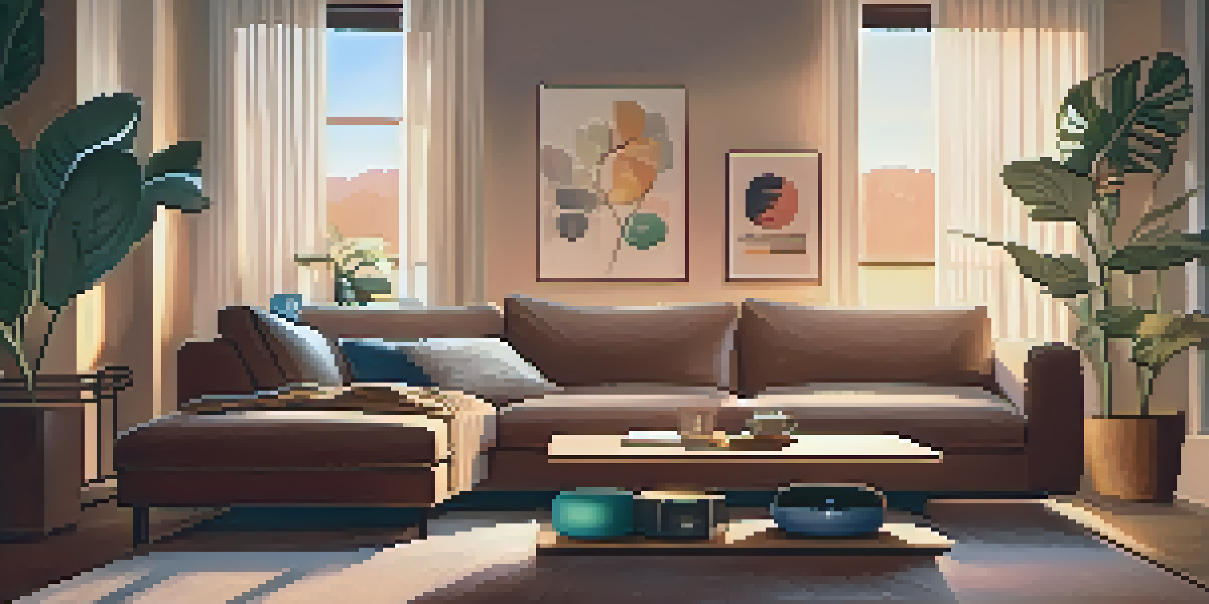 A cozy living room with a smart speaker on a table, warm lighting, and a person lounging on a couch using voice commands.