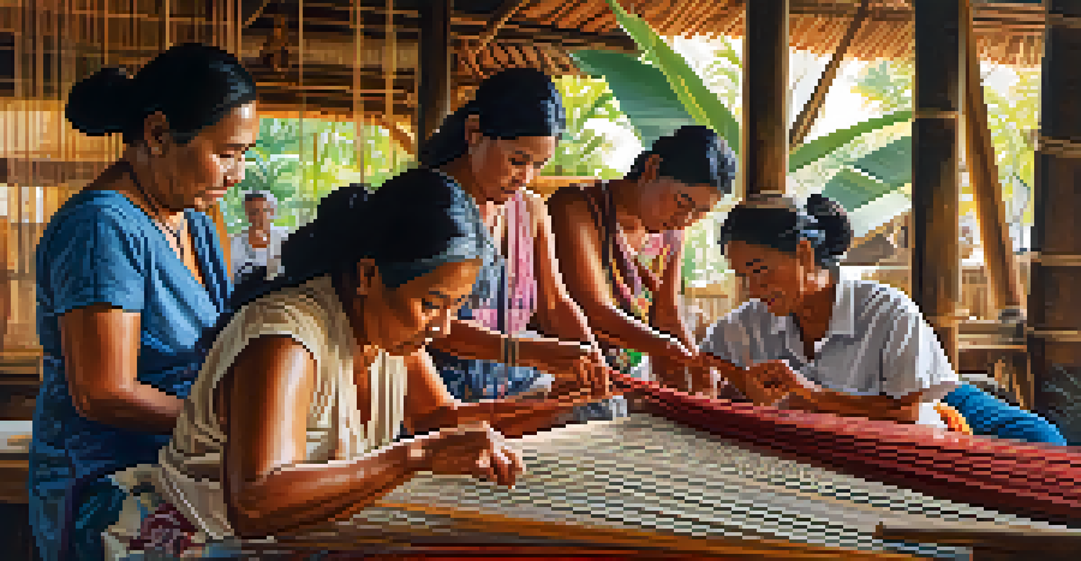 Participants learning traditional Balinese weaving from a local artisan in a cozy workshop setting.