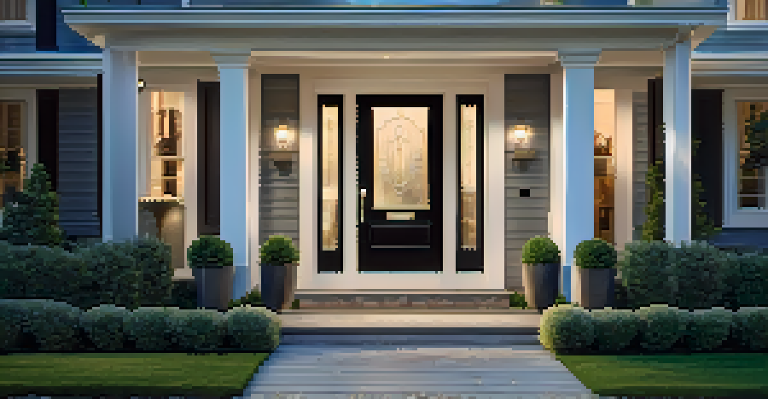 A close-up of a modern smart doorbell camera at a luxury home's entrance, with a landscaped yard in the background and soft evening light.