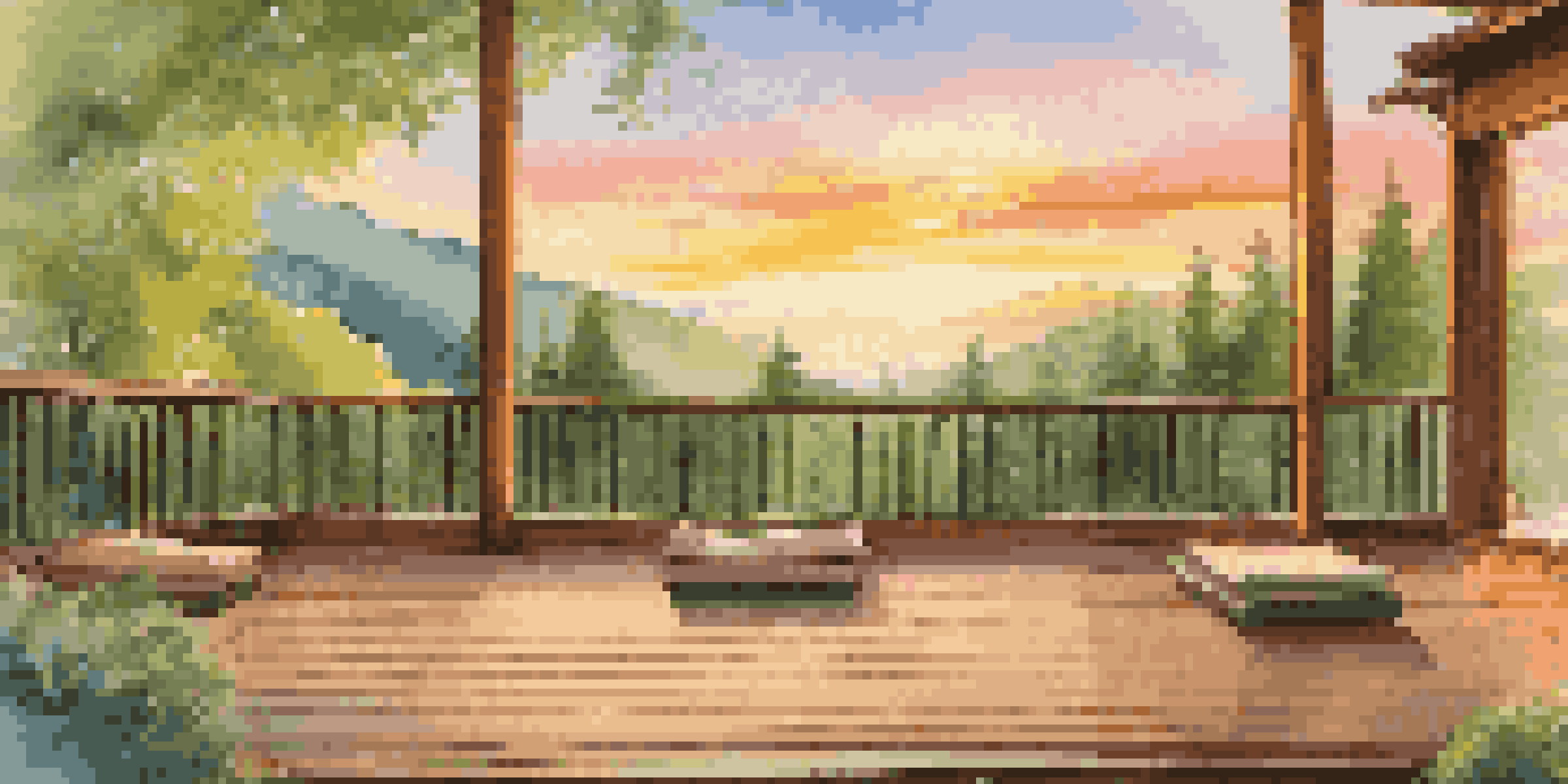 A luxury mindfulness retreat in the mountains with yoga mats on a wooden deck and a sunset in the background.