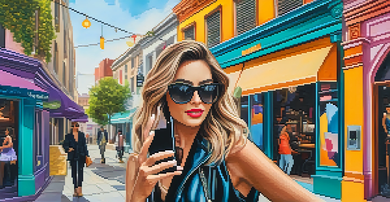 A fashionable individual taking a selfie in an urban setting with colorful murals, representing social media branding.