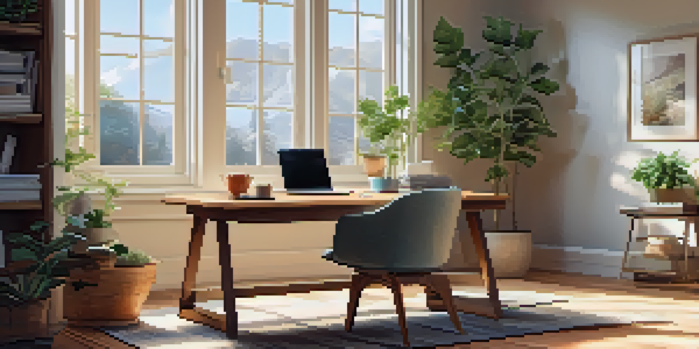 A modern home office with a desk, laptop, potted plant, and a cup of tea, illuminated by natural light.