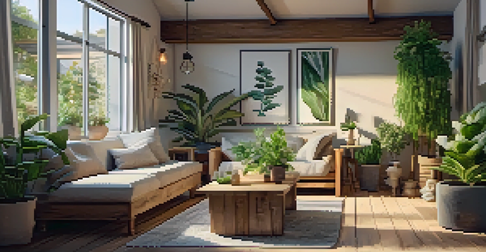 A cozy living room with reclaimed wood furniture and potted plants, illuminated by warm lighting.